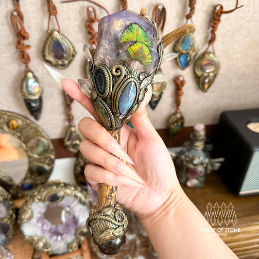 Natural Handmade Crystal Amethyst Antler Wand/Magic Clear Quartz Witch Wand/Labradorite Amethyst Ammonite Antler Stem/Chakra/Altar Tool