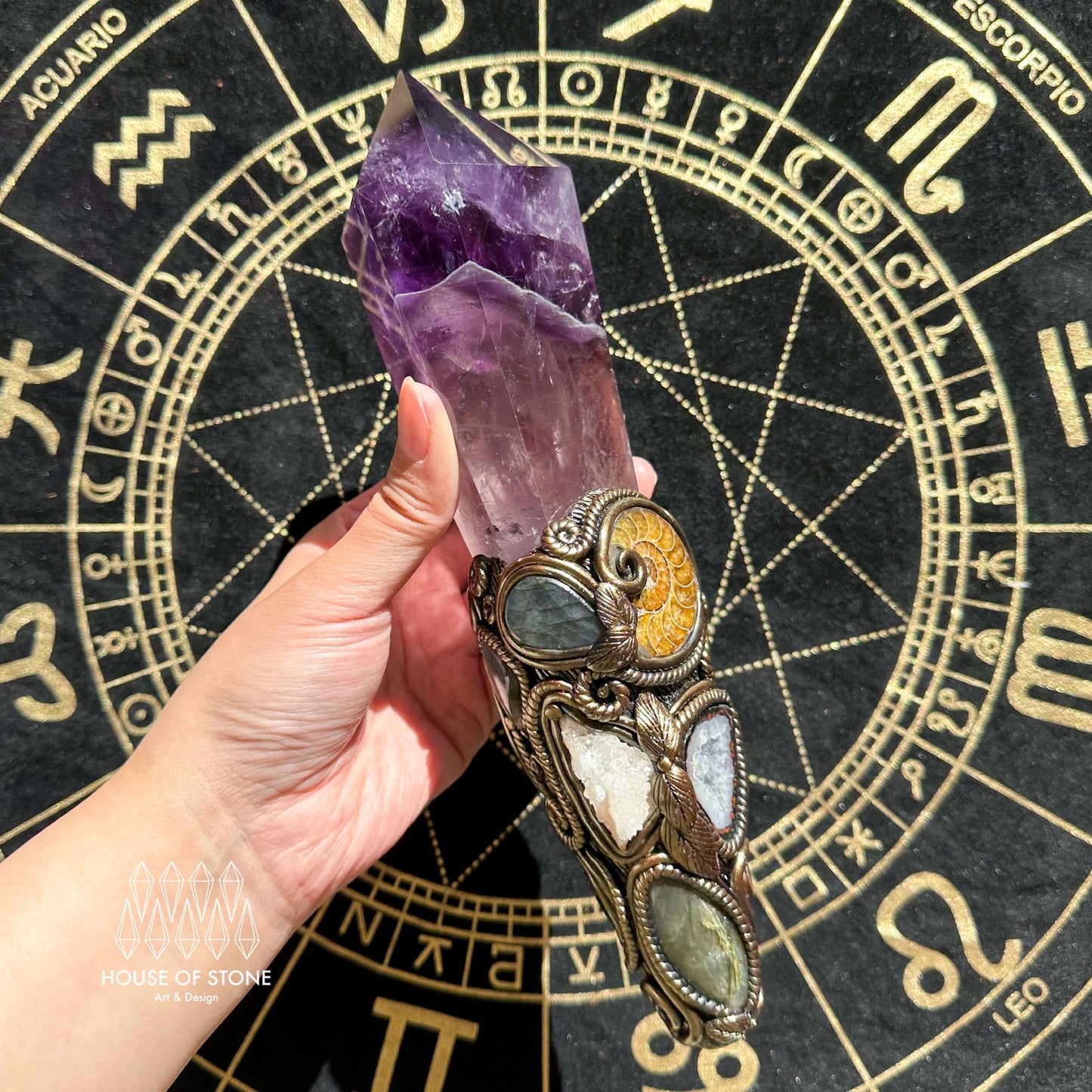 Natural Handmade Amethyst Crystal Quartz Wand/Magic Witch Crystal Wand/Ammonite Amethyst Labradorite Wand/Chakra/Manifest Altar Tool
