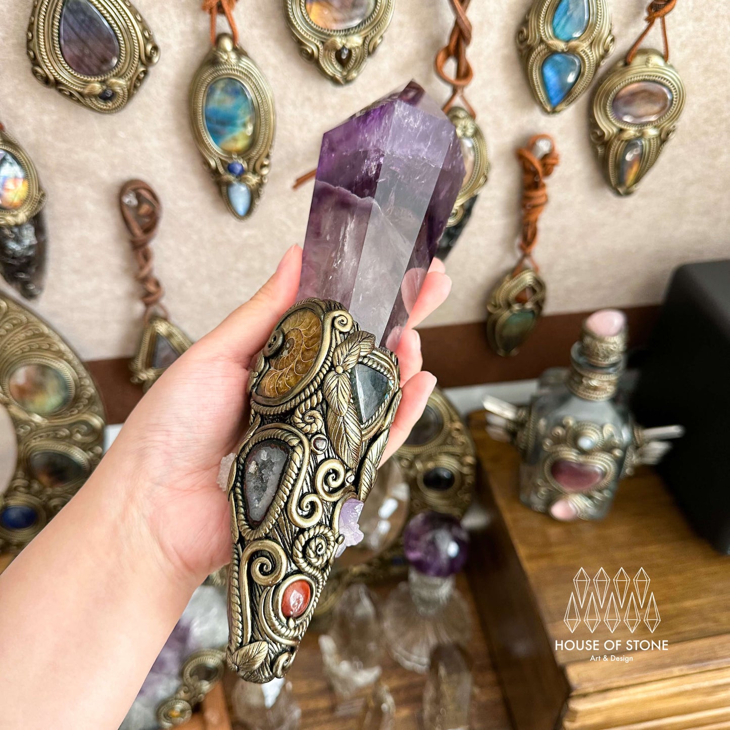 Natural Handmade Amethyst Crystal Quartz Wand/Magic Witch Crystal Wand/Ammonite Amethyst Labradorite Wand/Chakra/Manifest Altar Tool