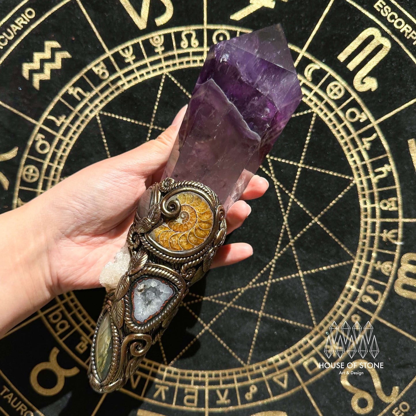 Natural Handmade Amethyst Crystal Quartz Wand/Magic Witch Crystal Wand/Ammonite Amethyst Labradorite Wand/Chakra/Manifest Altar Tool