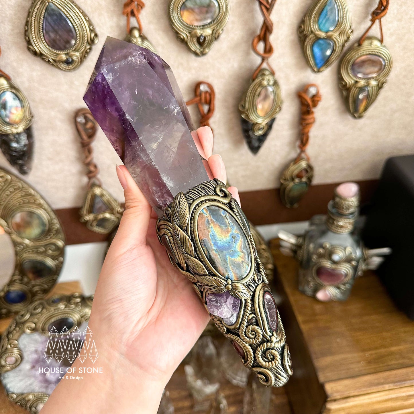 Natural Handmade Amethyst Crystal Quartz Wand/Magic Witch Crystal Wand/Ammonite Amethyst Labradorite Wand/Chakra/Manifest Altar Tool
