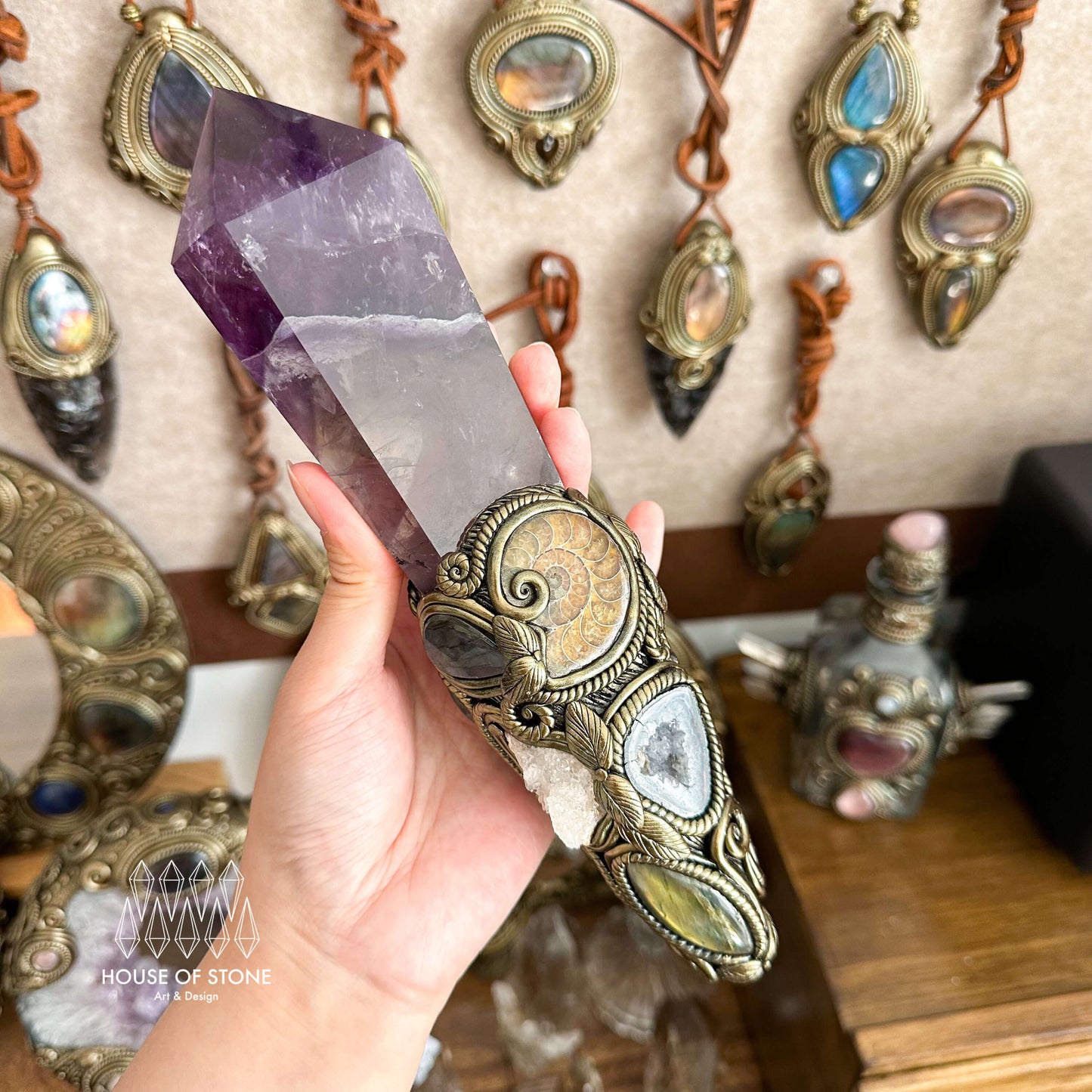 Natural Handmade Amethyst Crystal Quartz Wand/Magic Witch Crystal Wand/Ammonite Amethyst Labradorite Wand/Chakra/Manifest Altar Tool
