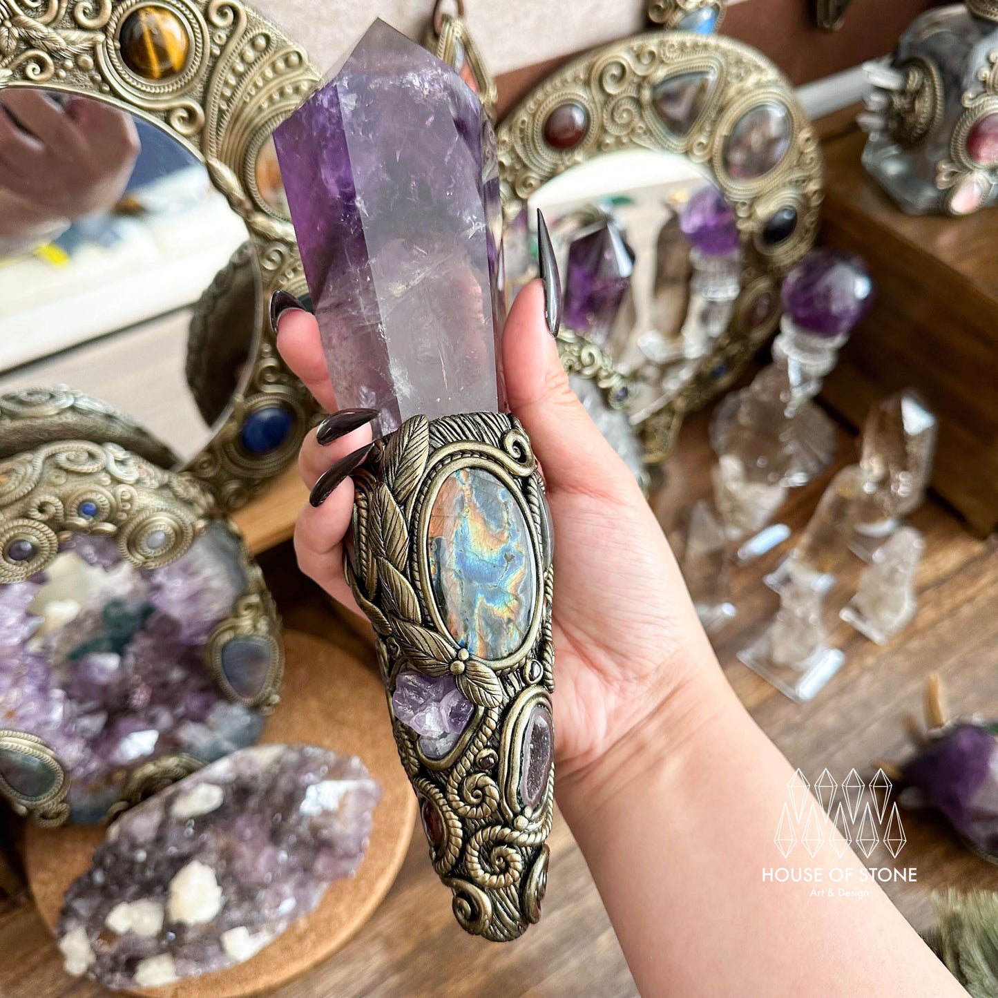 Natural Handmade Amethyst Crystal Quartz Wand/Magic Witch Crystal Wand/Ammonite Amethyst Labradorite Wand/Chakra/Manifest Altar Tool