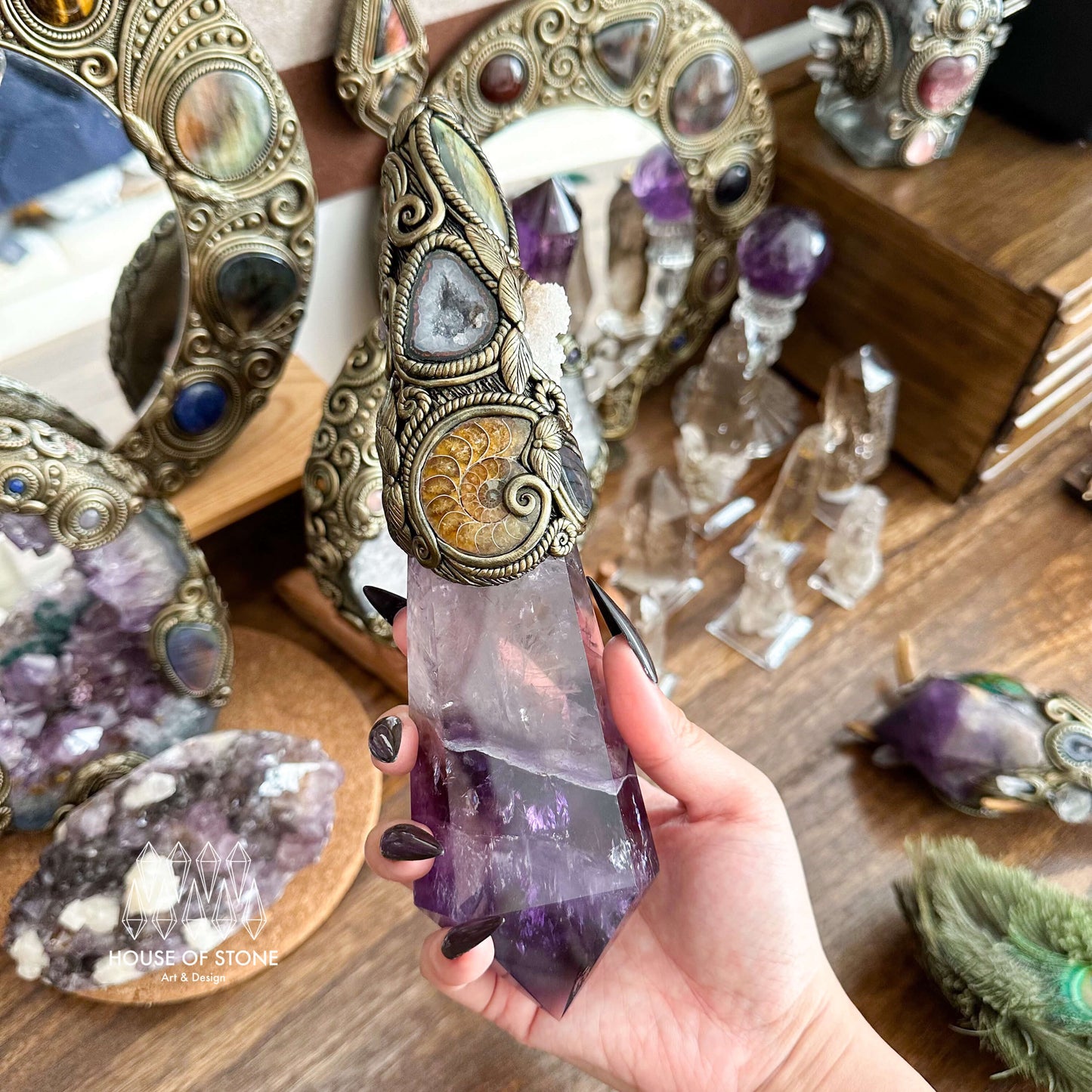 Natural Handmade Amethyst Crystal Quartz Wand/Magic Witch Crystal Wand/Ammonite Amethyst Labradorite Wand/Chakra/Manifest Altar Tool