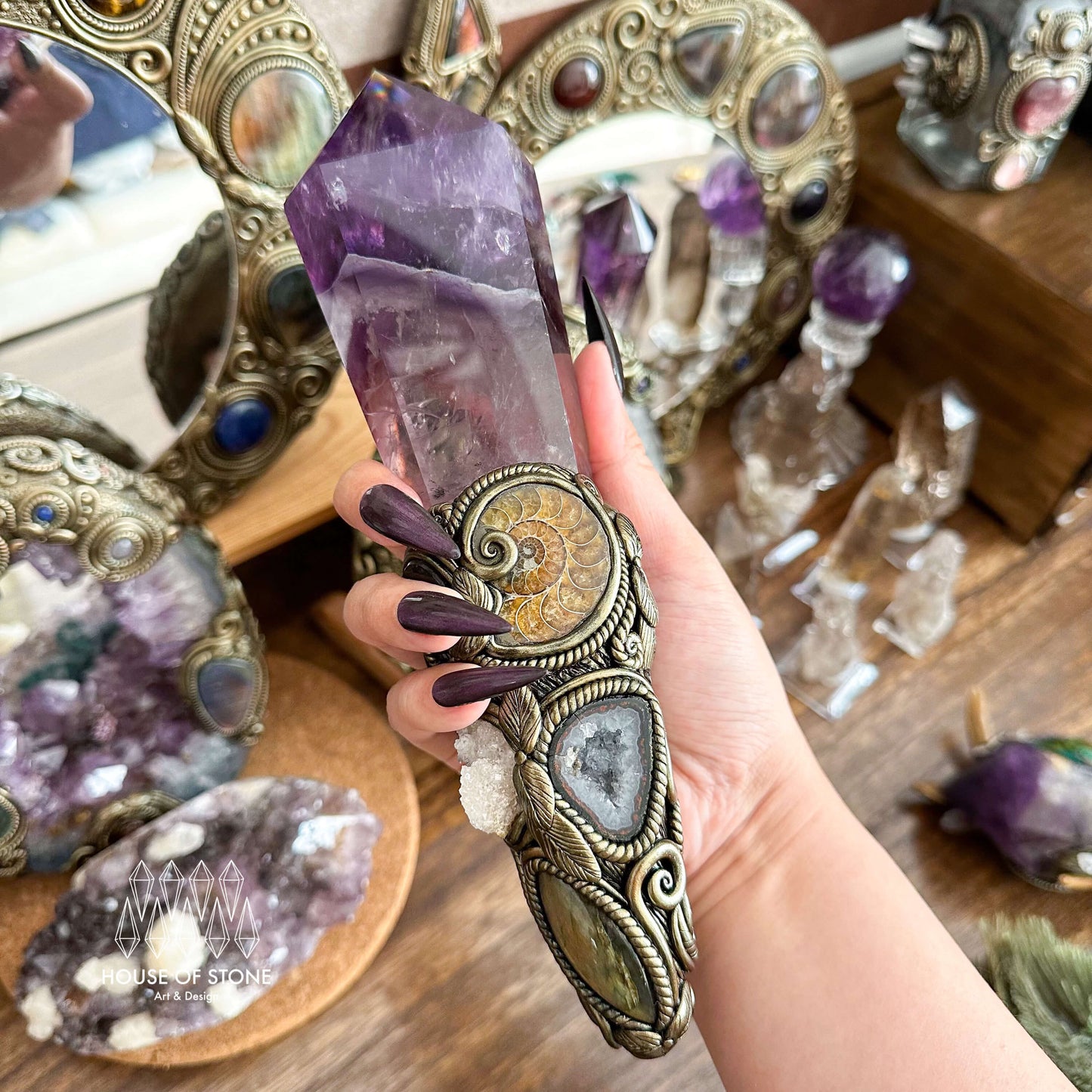 Natural Handmade Amethyst Crystal Quartz Wand/Magic Witch Crystal Wand/Ammonite Amethyst Labradorite Wand/Chakra/Manifest Altar Tool