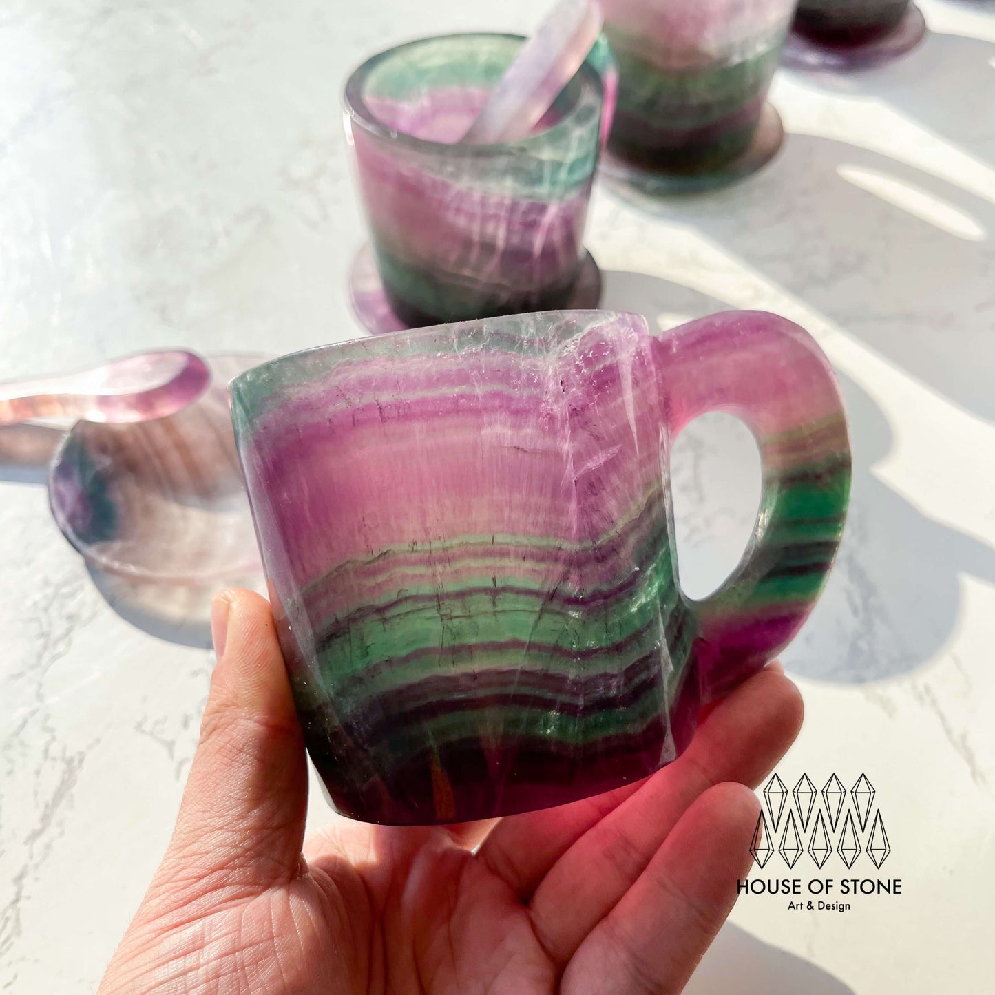 Natural Large Rainbow Fluorite Cups With Coaster/Hand Carved Fluorite Mug with Spoon/Crystal Cup/Rainbow Fluorite Tea Cup Set