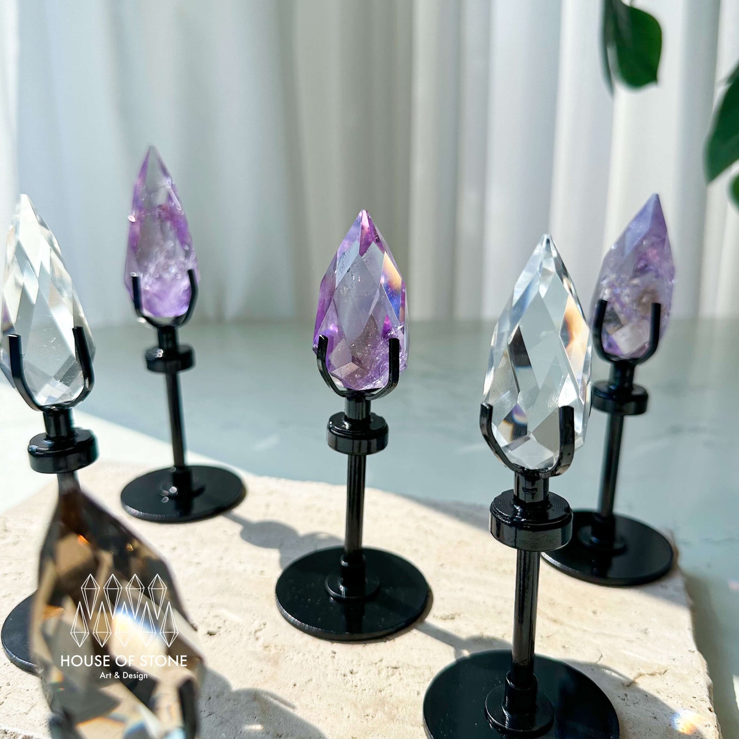 Natural Faceted Clear Quartz with Stand/Faceted Cut Drop Shape Smoky Quartz Crystal/Hand Carved Sided Amethyst Crystal Drop/Chakra Healing