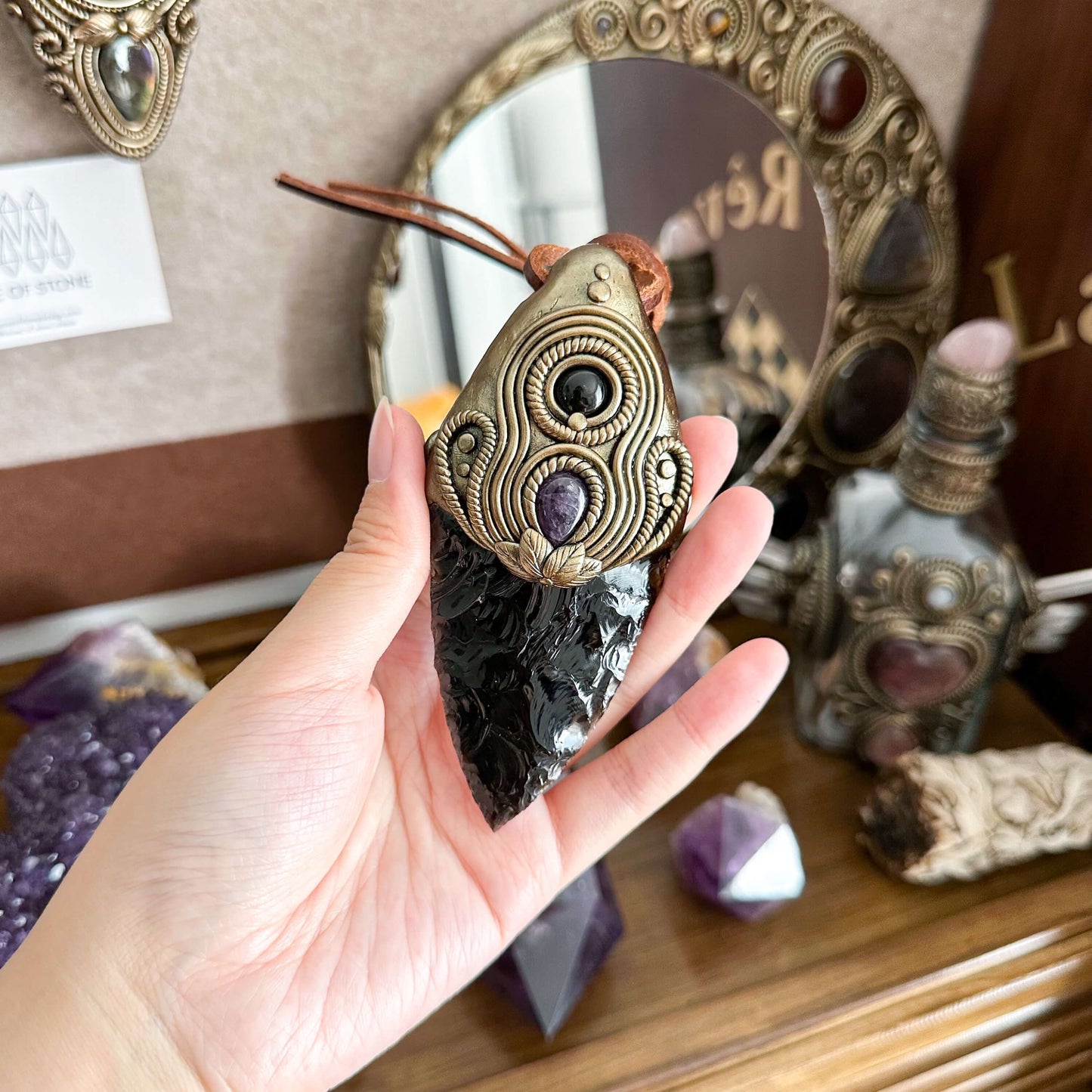 Natural Handmade Black Obsidian Pendant Necklace/Magic Crystal Double-sided Pendant/Labradorite Amethyst Jewelry/Chakra/Altar Tool