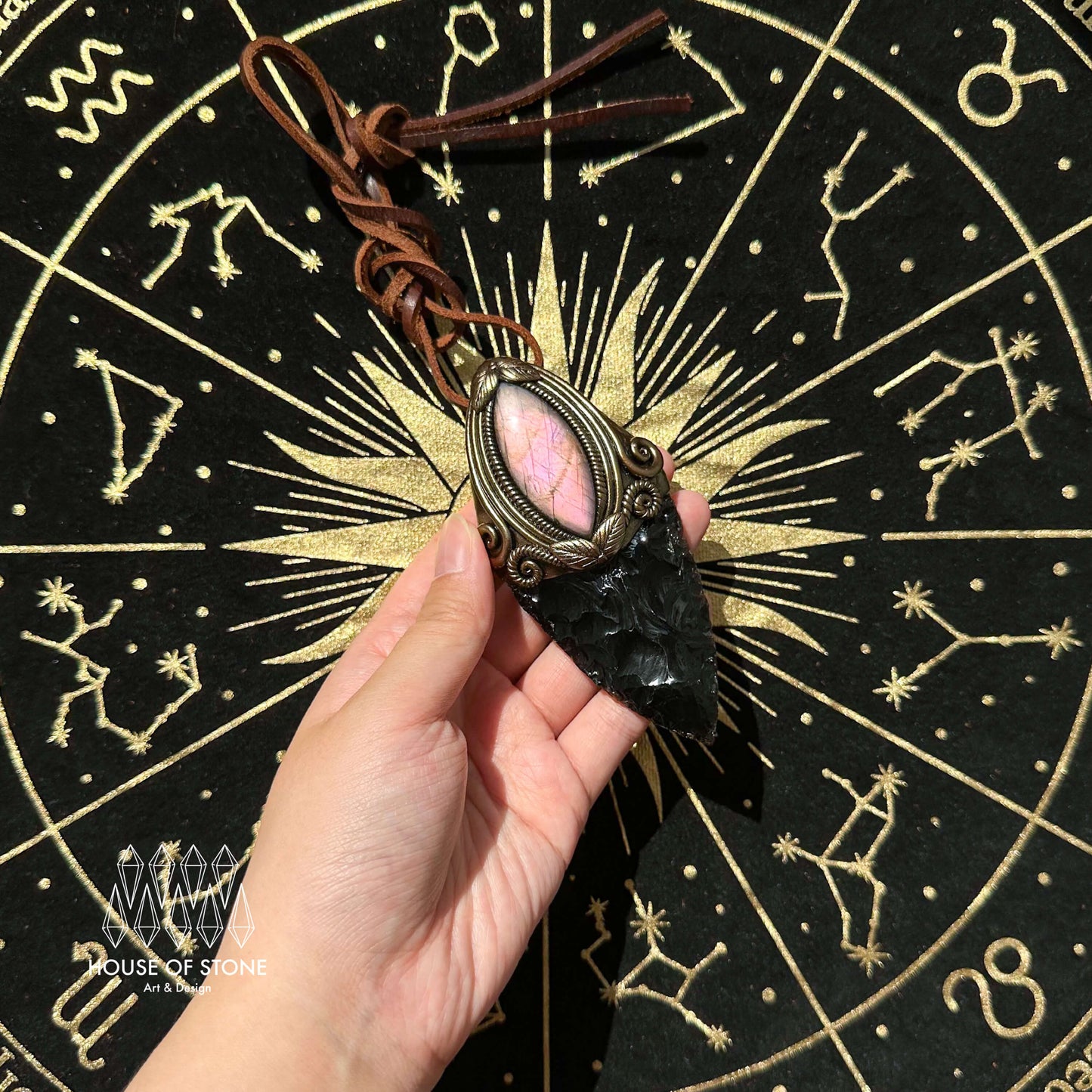 Natural Handmade Black Obsidian Pendant Necklace/Magic Crystal Double-sided Pendant/Labradorite Amethyst Jewelry/Chakra/Altar Tool