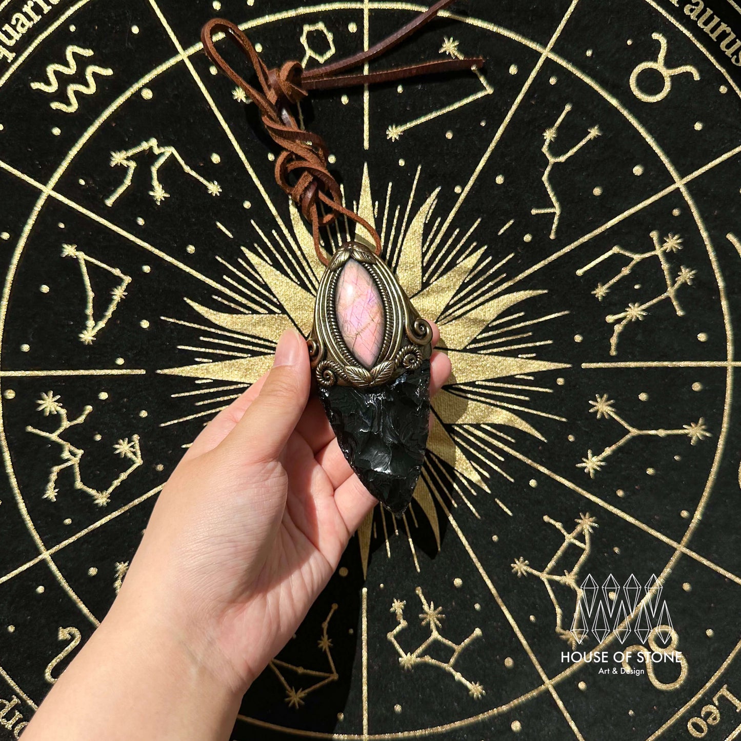 Natural Handmade Black Obsidian Pendant Necklace/Magic Crystal Double-sided Pendant/Labradorite Amethyst Jewelry/Chakra/Altar Tool