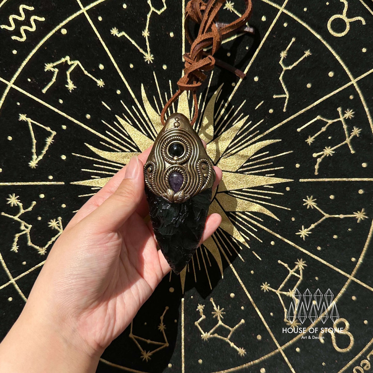 Natural Handmade Black Obsidian Pendant Necklace/Magic Crystal Double-sided Pendant/Labradorite Amethyst Jewelry/Chakra/Altar Tool