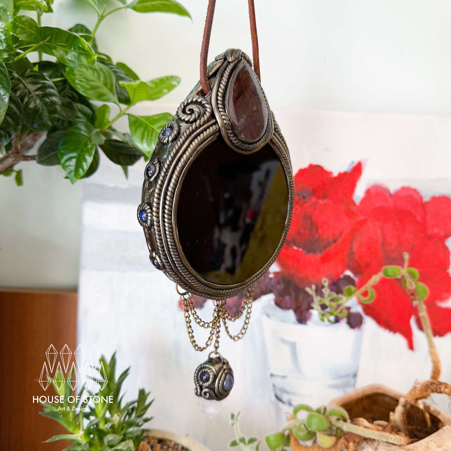 Handmade Natural Black Obsidian Crystal Wall Hanging Decor/Magic Obsidian Mirror Spiritual Window Interior Room Hangings/Scrying Mirror Door Hanging/Altar Tool