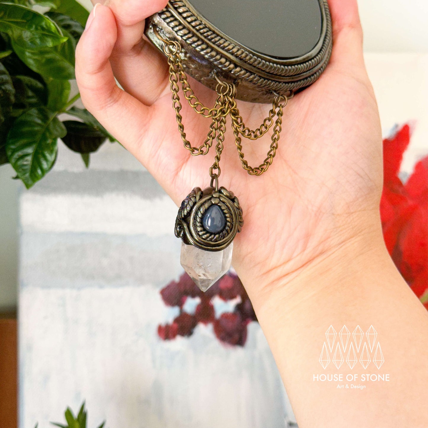 Handmade Natural Black Obsidian Crystal Wall Hanging Decor/Magic Obsidian Mirror Spiritual Window Interior Room Hangings/Scrying Mirror Door Hanging/Altar Tool