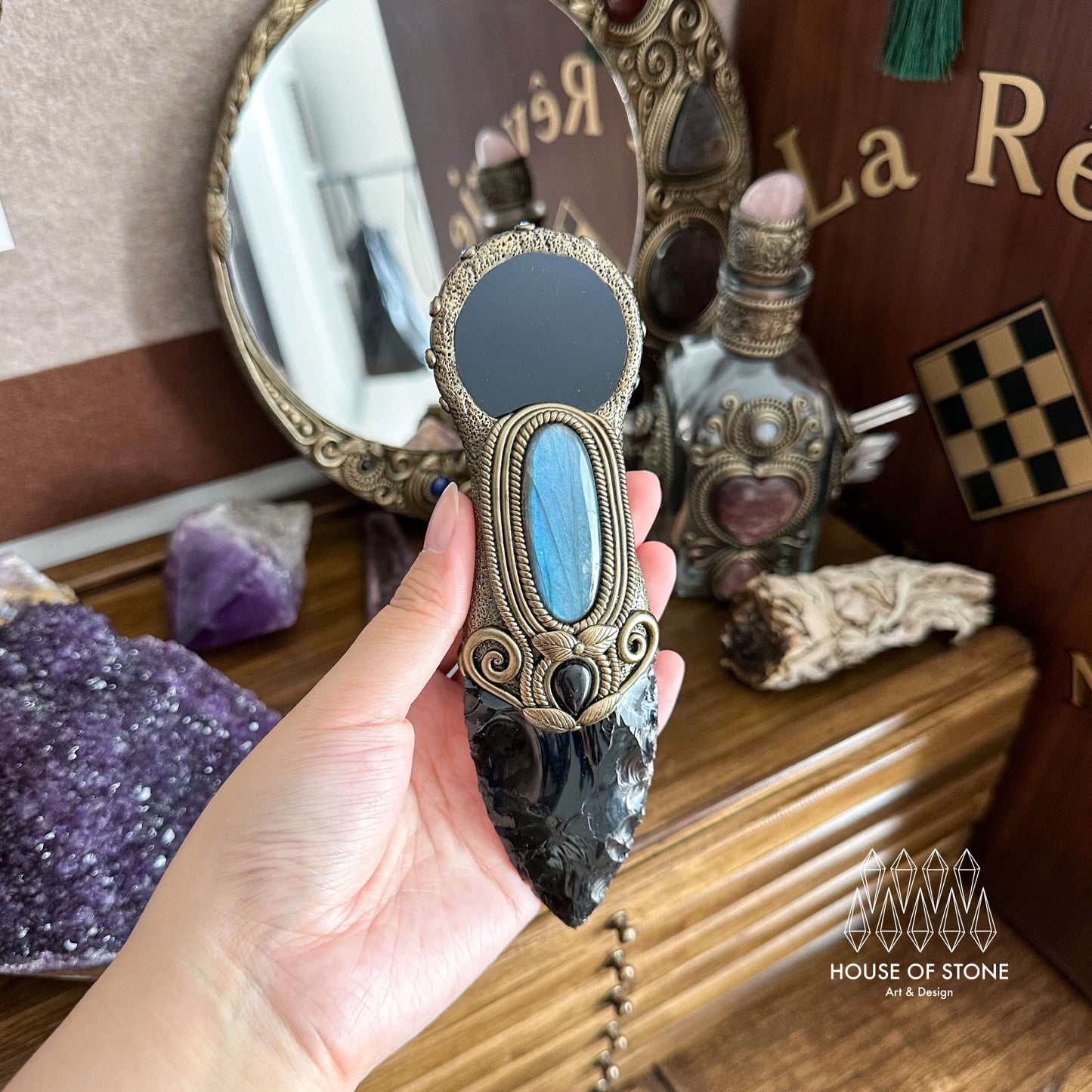 Natural Handmade Black Obsidian Wand Knife/Magic Scrying Mirror Witch Crystal Wand Dagger/Boho Labradorite Wand/Chakra/Manifest Altar Tool