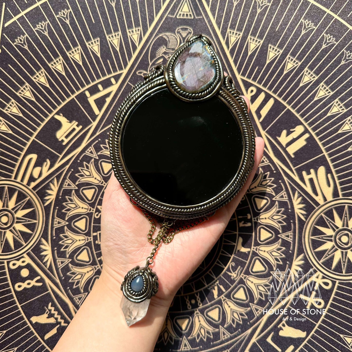 Handmade Natural Black Obsidian Crystal Wall Hanging Decor/Magic Obsidian Mirror Spiritual Window Interior Room Hangings/Scrying Mirror Door Hanging/Altar Tool