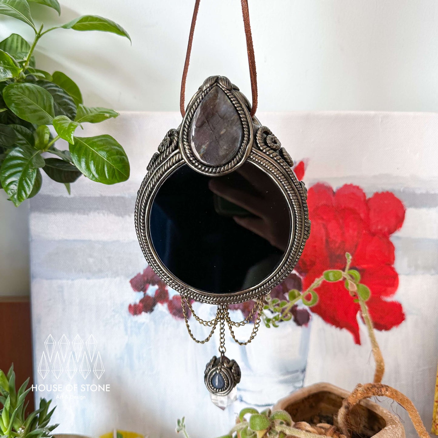 Handmade Natural Black Obsidian Crystal Wall Hanging Decor/Magic Obsidian Mirror Spiritual Window Interior Room Hangings/Scrying Mirror Door Hanging/Altar Tool
