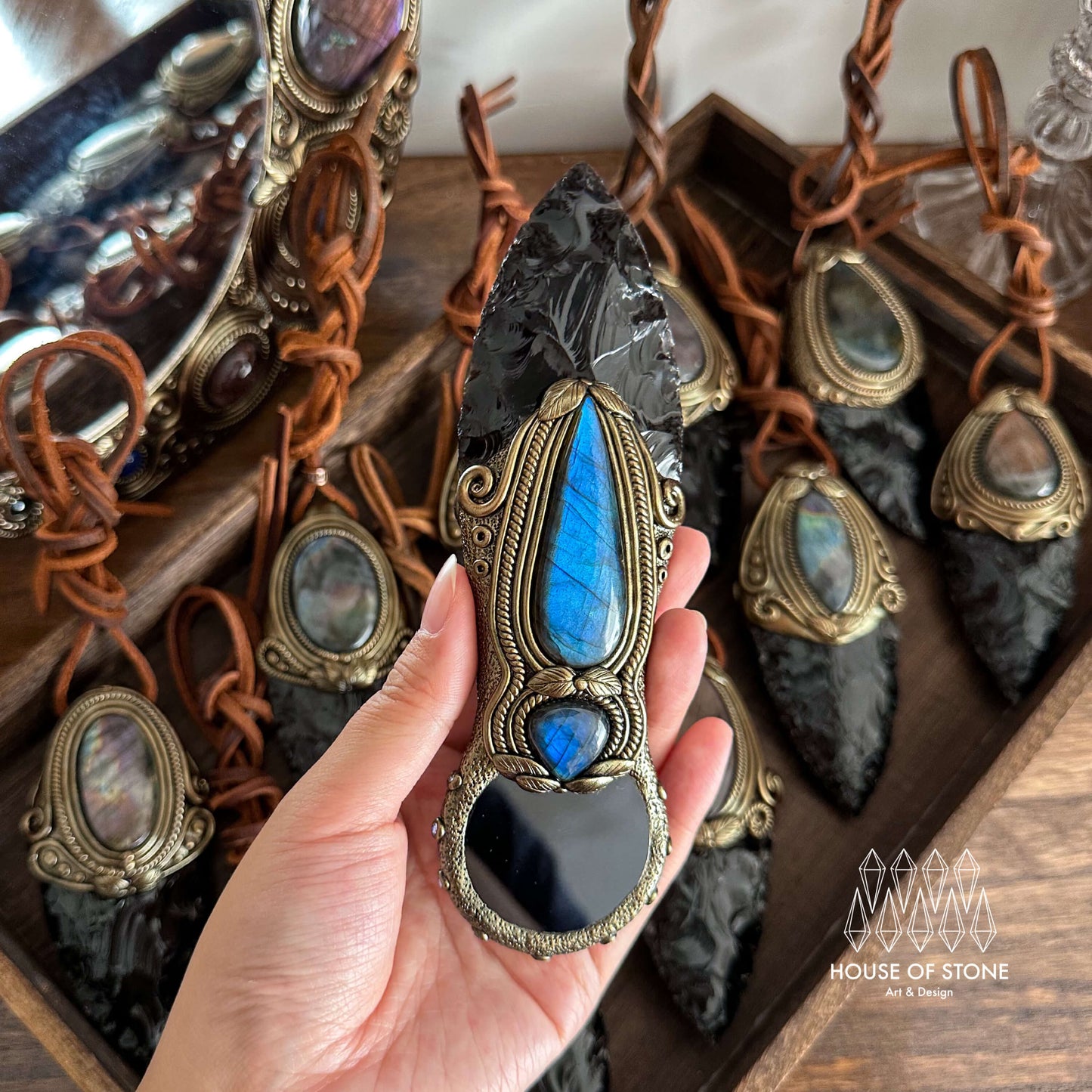 Natural Handmade Black Obsidian Wand Knife/Magic Scrying Mirror Witch Crystal Wand Dagger/Boho Labradorite Wand/Chakra/Manifest Altar Tool