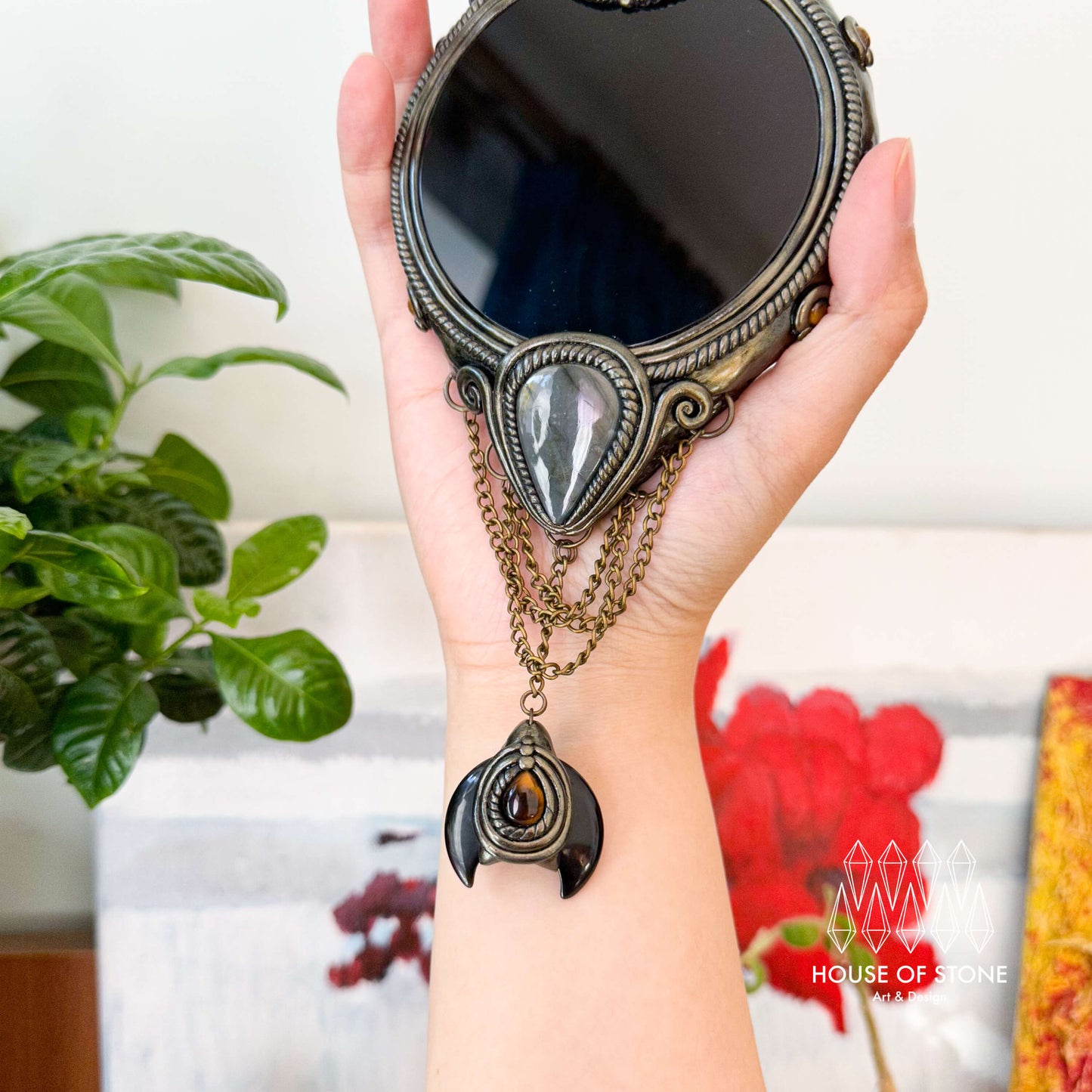 Handmade Natural Black Obsidian Crystal Wall Hanging Decor/Magic Obsidian Mirror Spiritual Window Interior Room Hangings/Scrying Mirror Door Hanging/Altar Tool