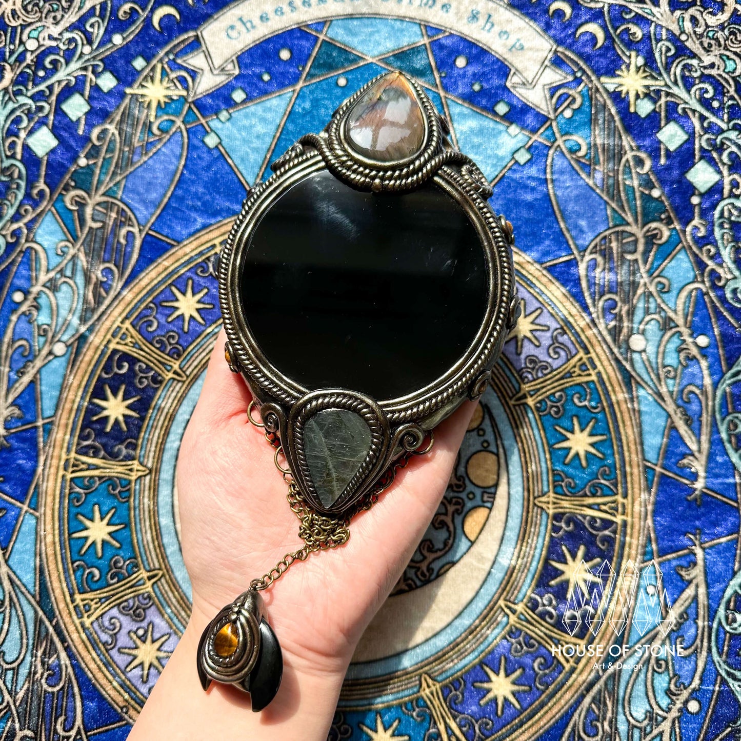 Handmade Natural Black Obsidian Crystal Wall Hanging Decor/Magic Obsidian Mirror Spiritual Window Interior Room Hangings/Scrying Mirror Door Hanging/Altar Tool