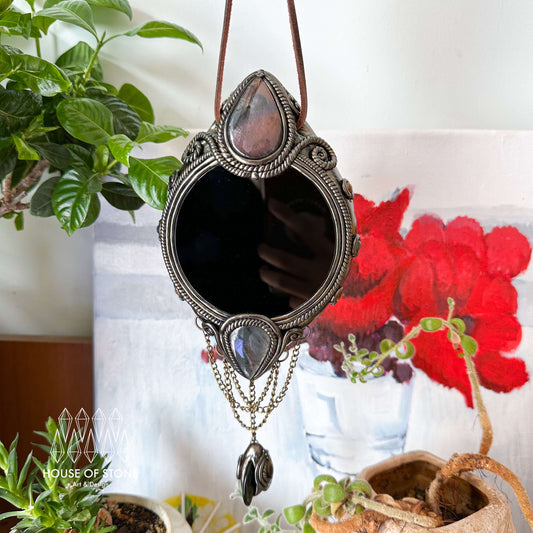 Handmade Natural Black Obsidian Crystal Wall Hanging Decor/Magic Obsidian Mirror Spiritual Window Interior Room Hangings/Scrying Mirror Door Hanging/Altar Tool