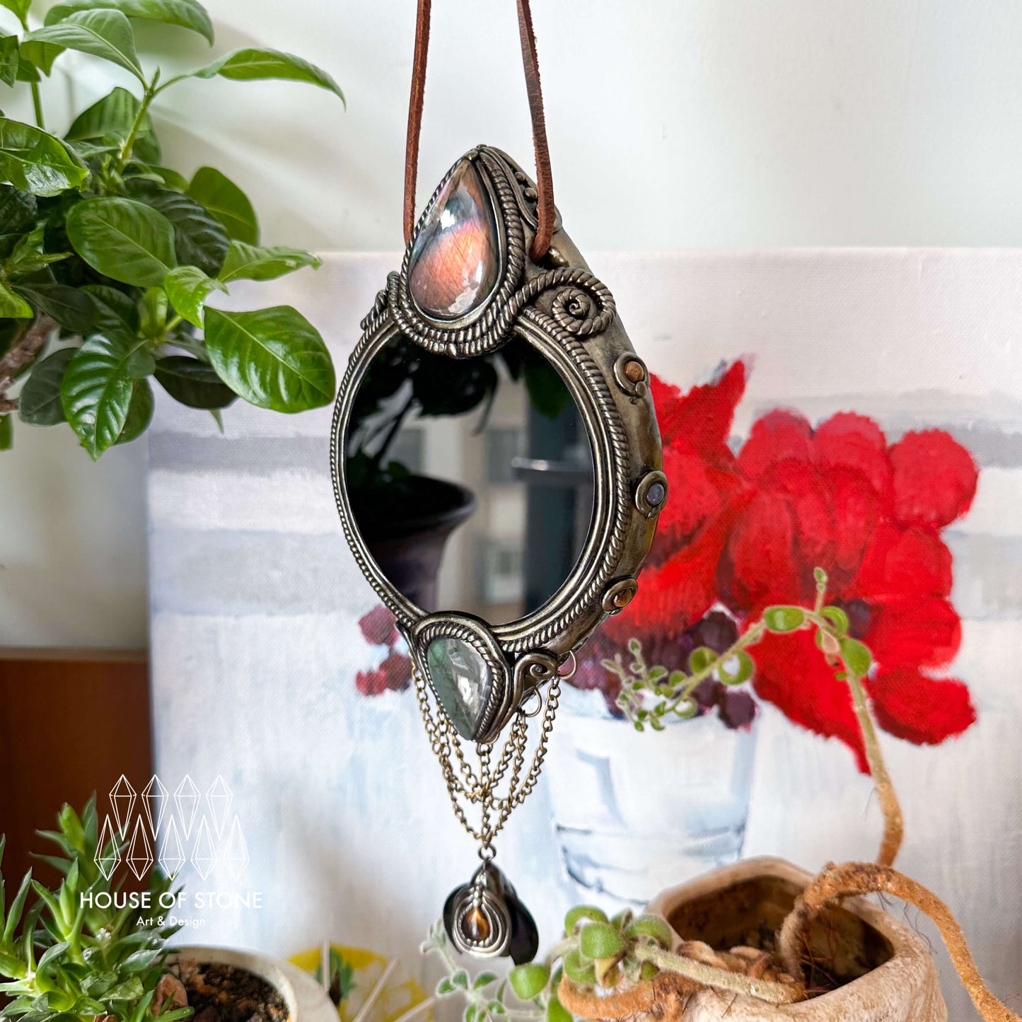 Handmade Natural Black Obsidian Crystal Wall Hanging Decor/Magic Obsidian Mirror Spiritual Window Interior Room Hangings/Scrying Mirror Door Hanging/Altar Tool