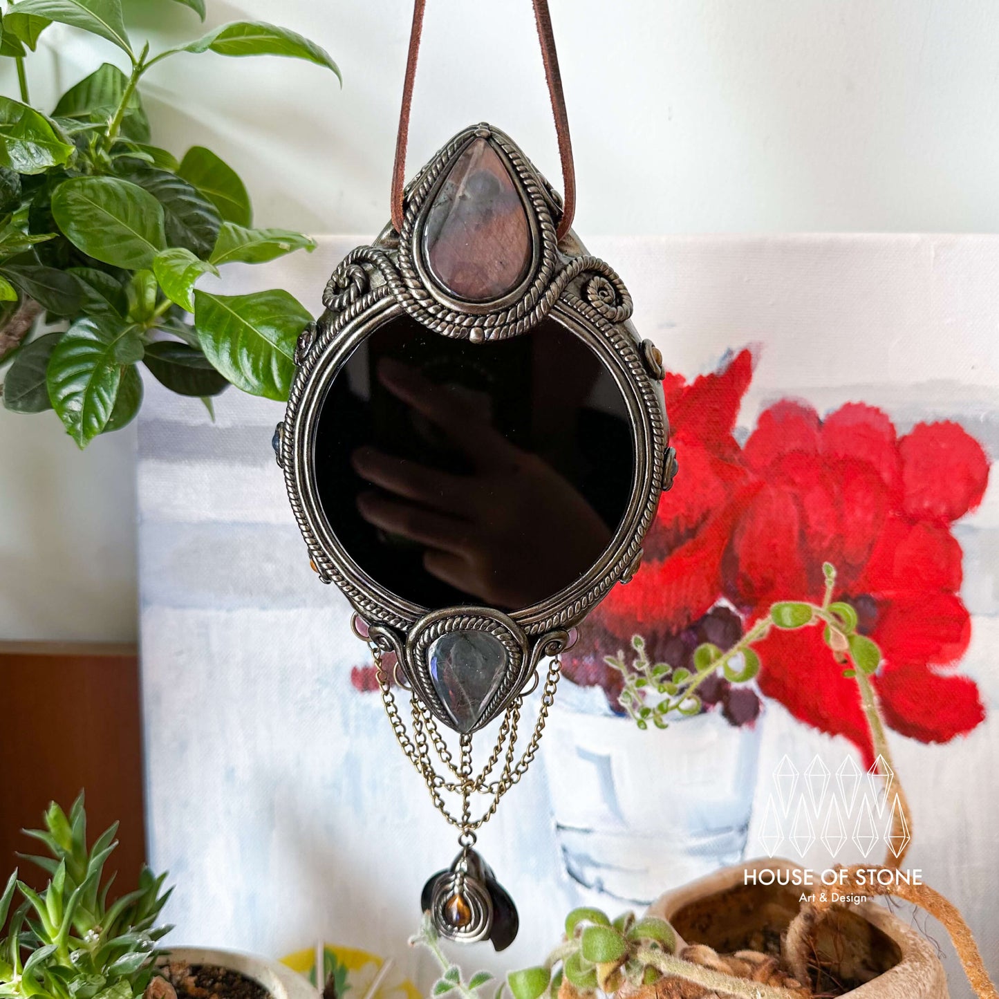 Handmade Natural Black Obsidian Crystal Wall Hanging Decor/Magic Obsidian Mirror Spiritual Window Interior Room Hangings/Scrying Mirror Door Hanging/Altar Tool