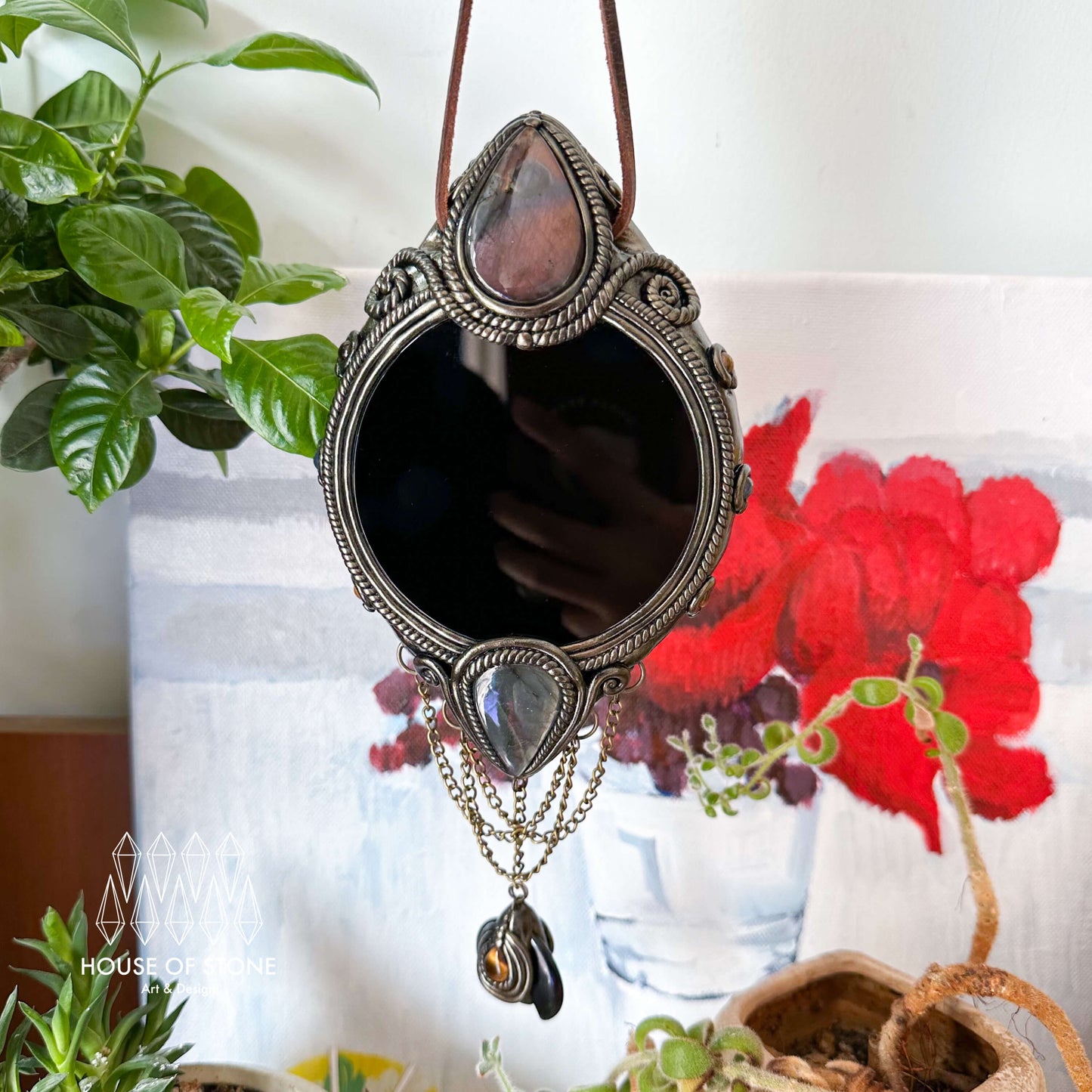 Handmade Natural Black Obsidian Crystal Wall Hanging Decor/Magic Obsidian Mirror Spiritual Window Interior Room Hangings/Scrying Mirror Door Hanging/Altar Tool