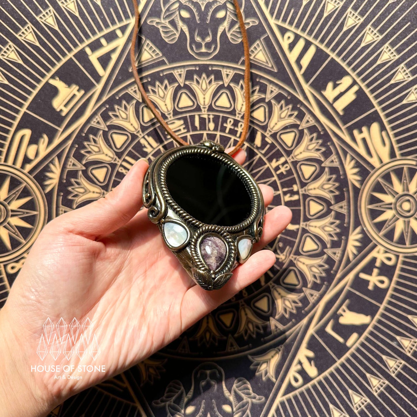Handmade Natural Black Obsidian Pendant Necklace/Magic Obsidian Mirror Crystal Pendant/Scrying Mirror Labradorite Protection Jewelry/Altar Tool