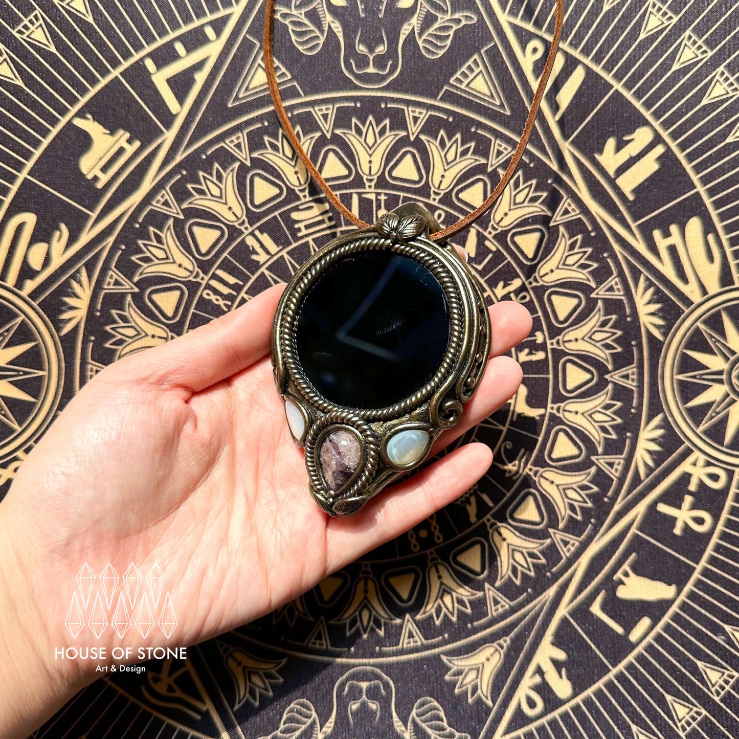 Handmade Natural Black Obsidian Pendant Necklace/Magic Obsidian Mirror Crystal Pendant/Scrying Mirror Labradorite Protection Jewelry/Altar Tool