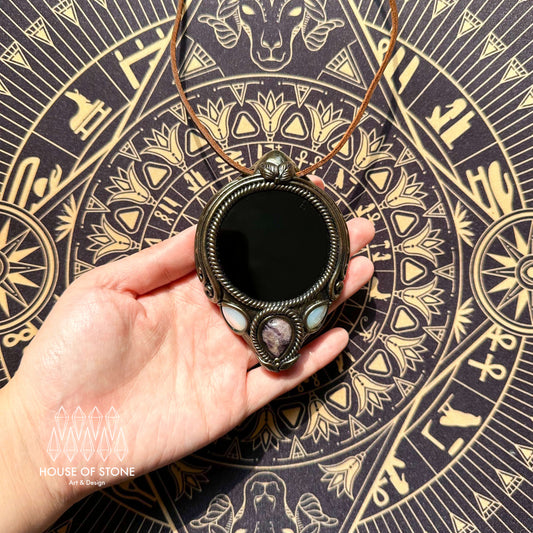 Handmade Natural Black Obsidian Pendant Necklace/Magic Obsidian Mirror Crystal Pendant/Scrying Mirror Labradorite Protection Jewelry/Altar Tool