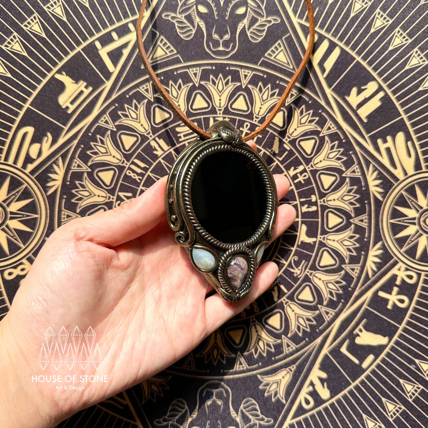 Handmade Natural Black Obsidian Pendant Necklace/Magic Obsidian Mirror Crystal Pendant/Scrying Mirror Labradorite Protection Jewelry/Altar Tool