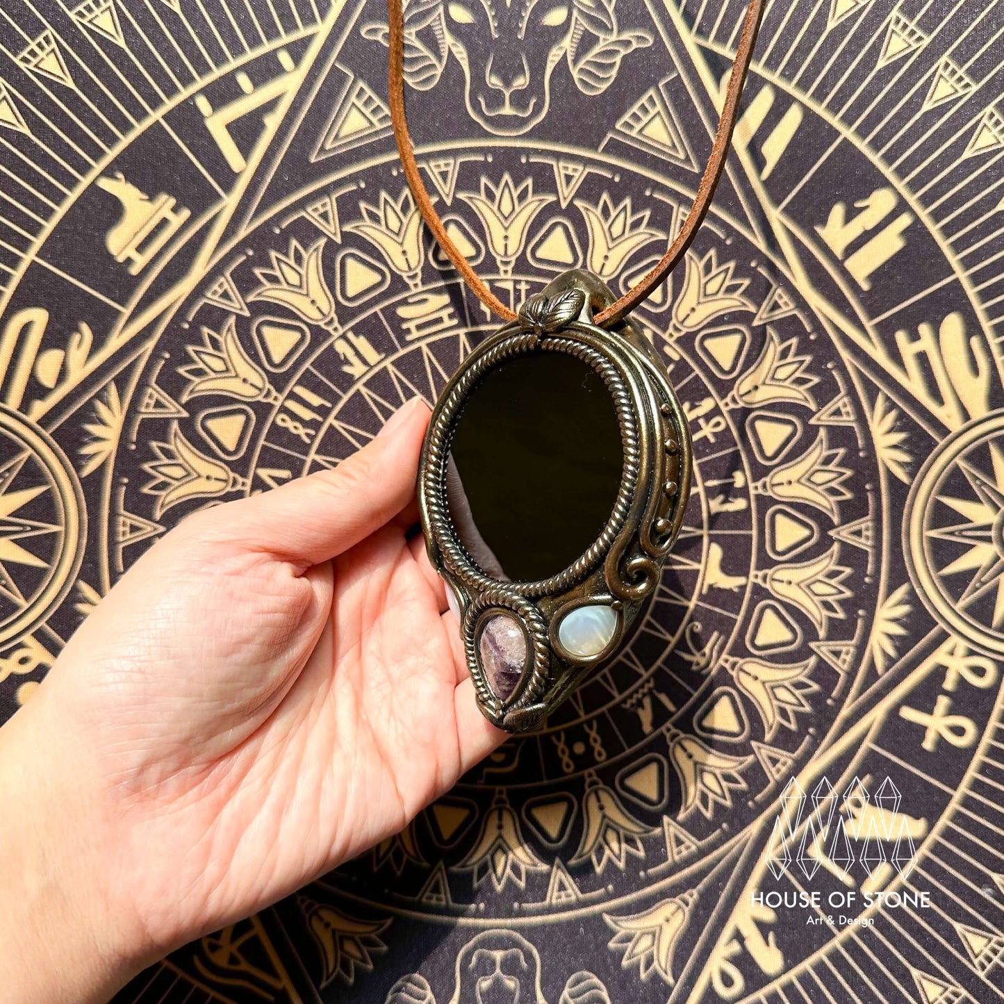 Handmade Natural Black Obsidian Pendant Necklace/Magic Obsidian Mirror Crystal Pendant/Scrying Mirror Labradorite Protection Jewelry/Altar Tool