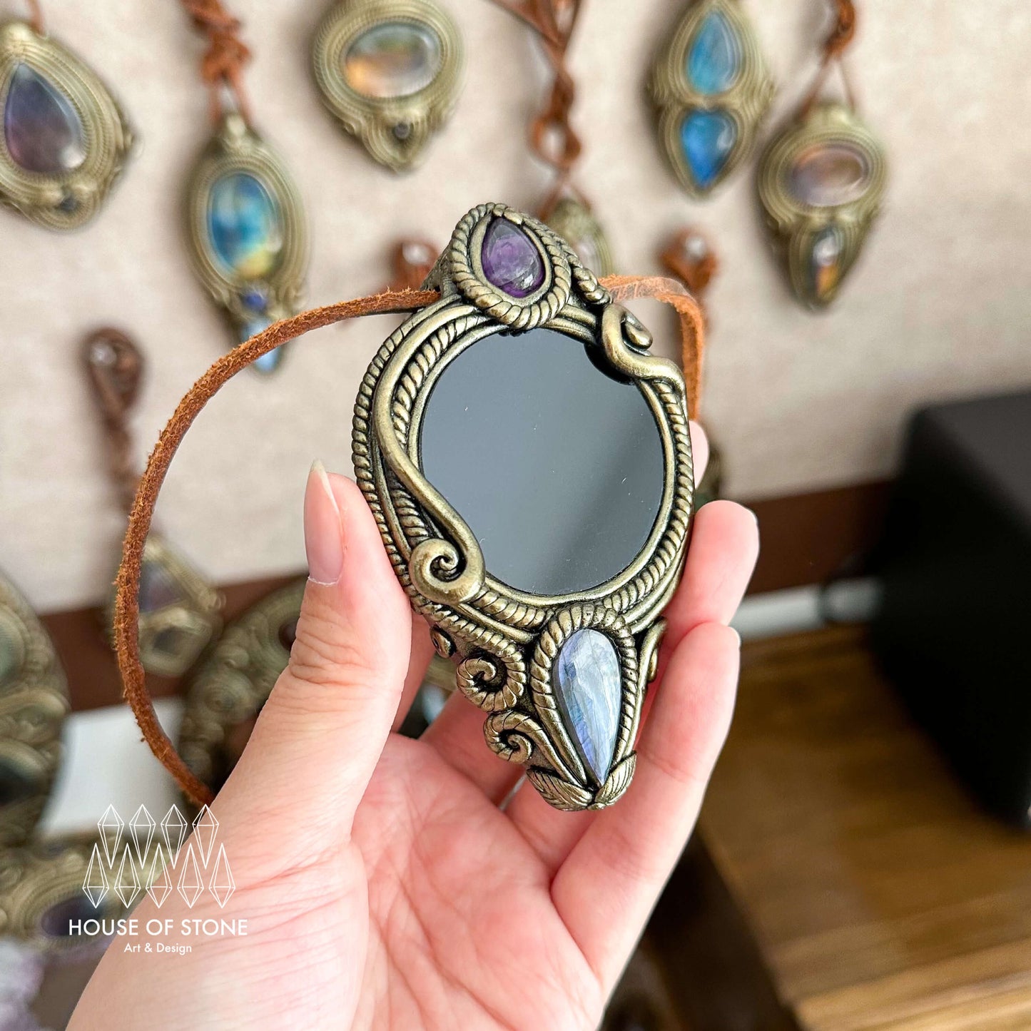 Natural Handmade Black Obsidian Pendant Necklace/Magic Obsidian Mirror Crystal Pendant/Scrying Mirror Labradorite Jewelry/Altar Tool