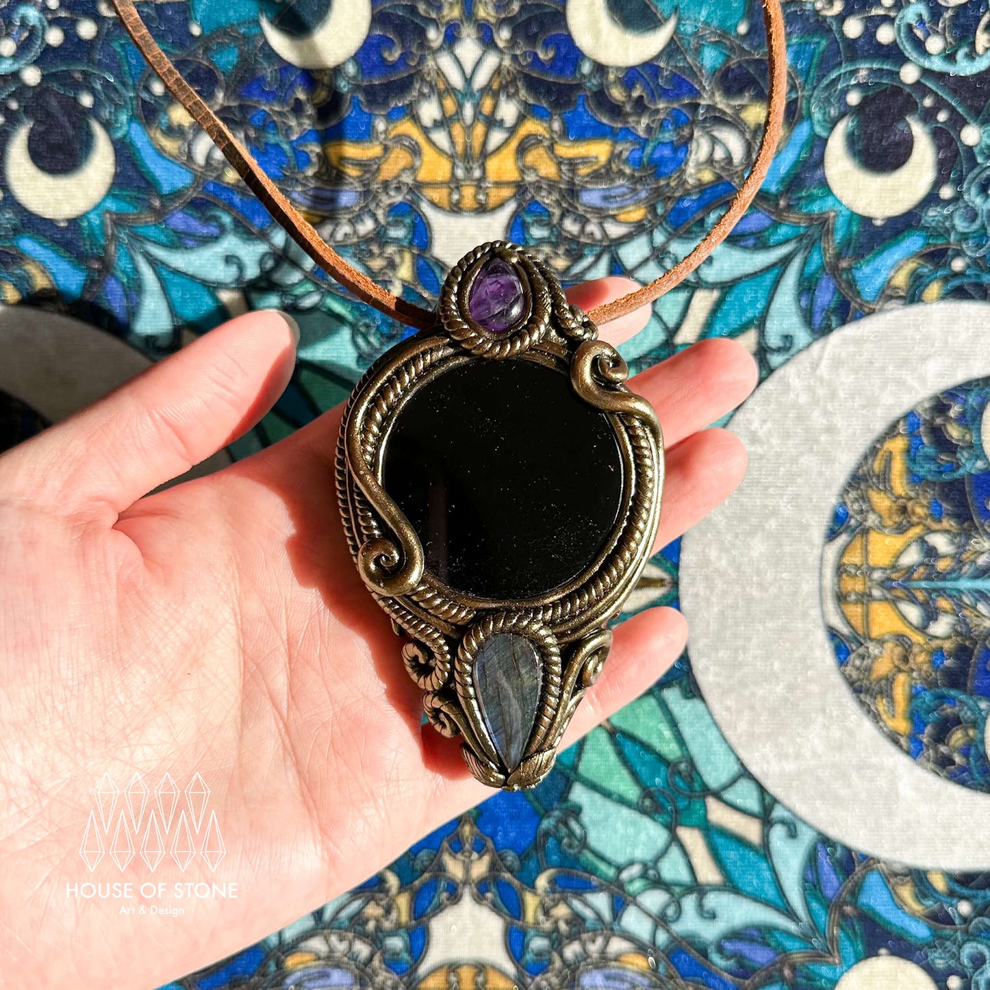 Natural Handmade Black Obsidian Pendant Necklace/Magic Obsidian Mirror Crystal Pendant/Scrying Mirror Labradorite Jewelry/Altar Tool