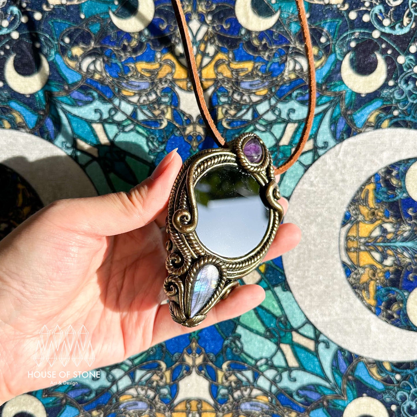 Natural Handmade Black Obsidian Pendant Necklace/Magic Obsidian Mirror Crystal Pendant/Scrying Mirror Labradorite Jewelry/Altar Tool