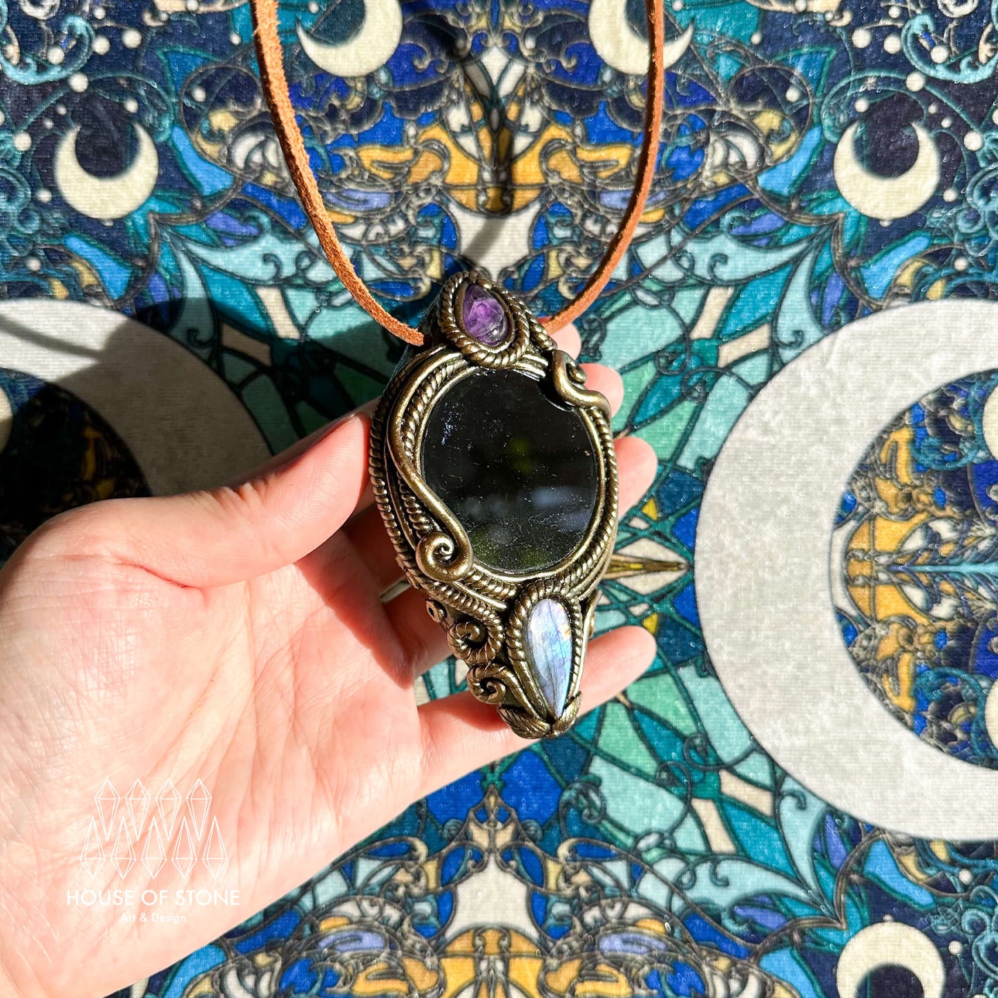 Natural Handmade Black Obsidian Pendant Necklace/Magic Obsidian Mirror Crystal Pendant/Scrying Mirror Labradorite Jewelry/Altar Tool