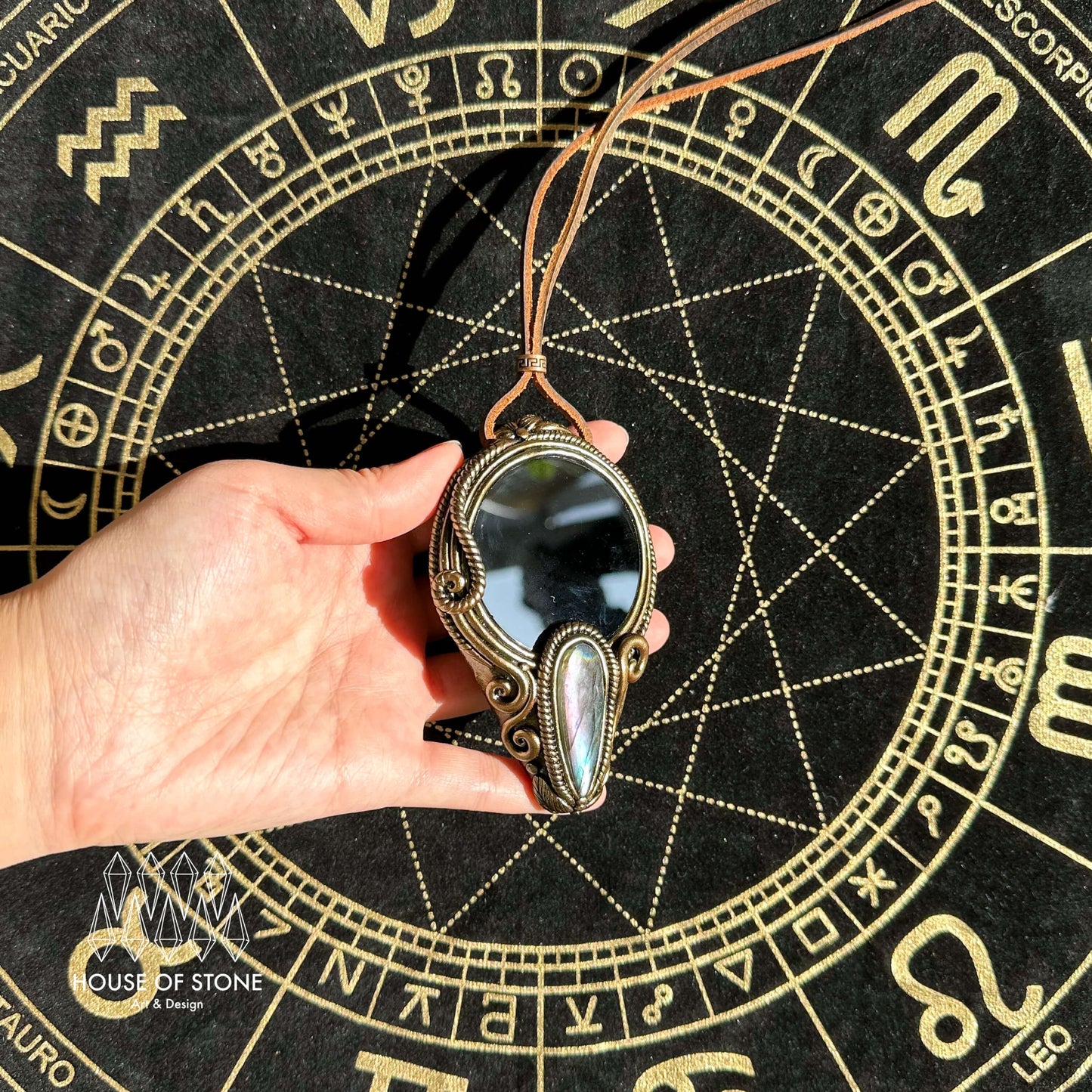 Natural Handmade Black Obsidian Pendant Necklace/Magic Obsidian Mirror Crystal Pendant/Scrying Mirror Labradorite Jewelry/Altar Tool