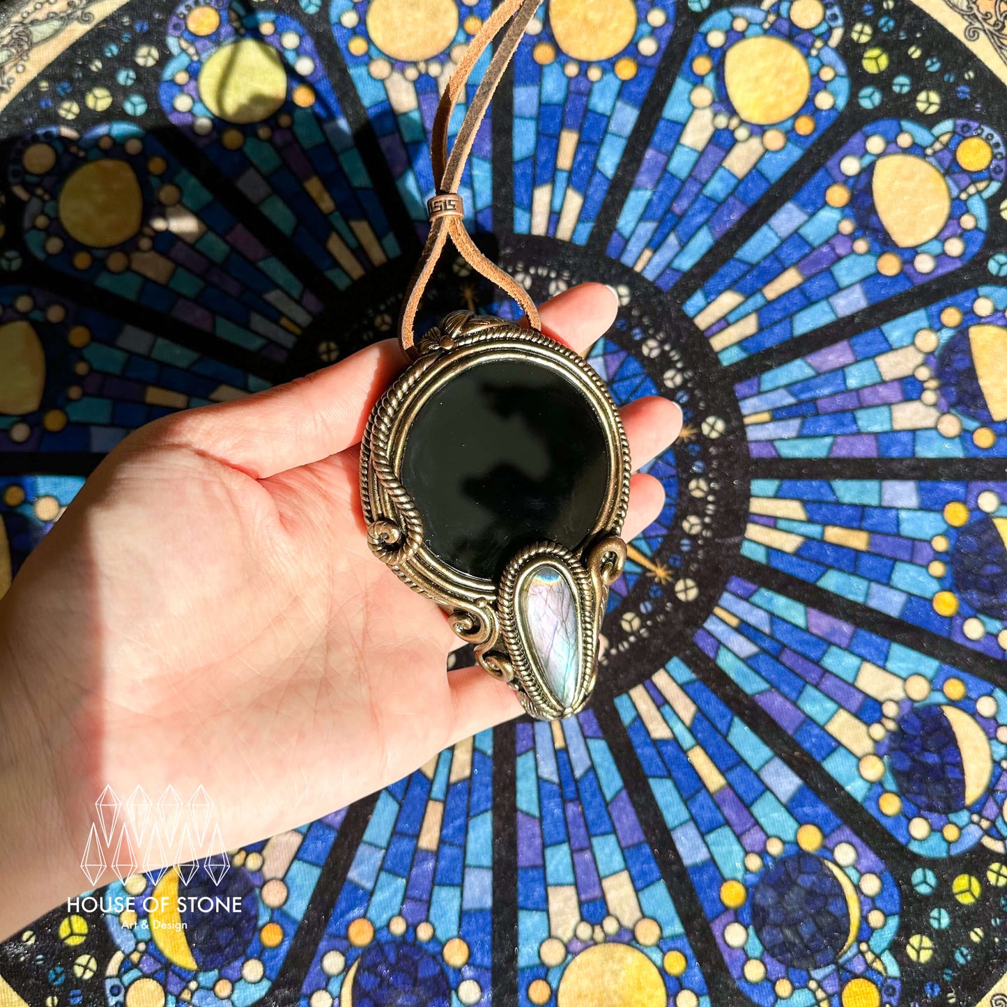 Natural Handmade Black Obsidian Pendant Necklace/Magic Obsidian Mirror Crystal Pendant/Scrying Mirror Labradorite Jewelry/Altar Tool