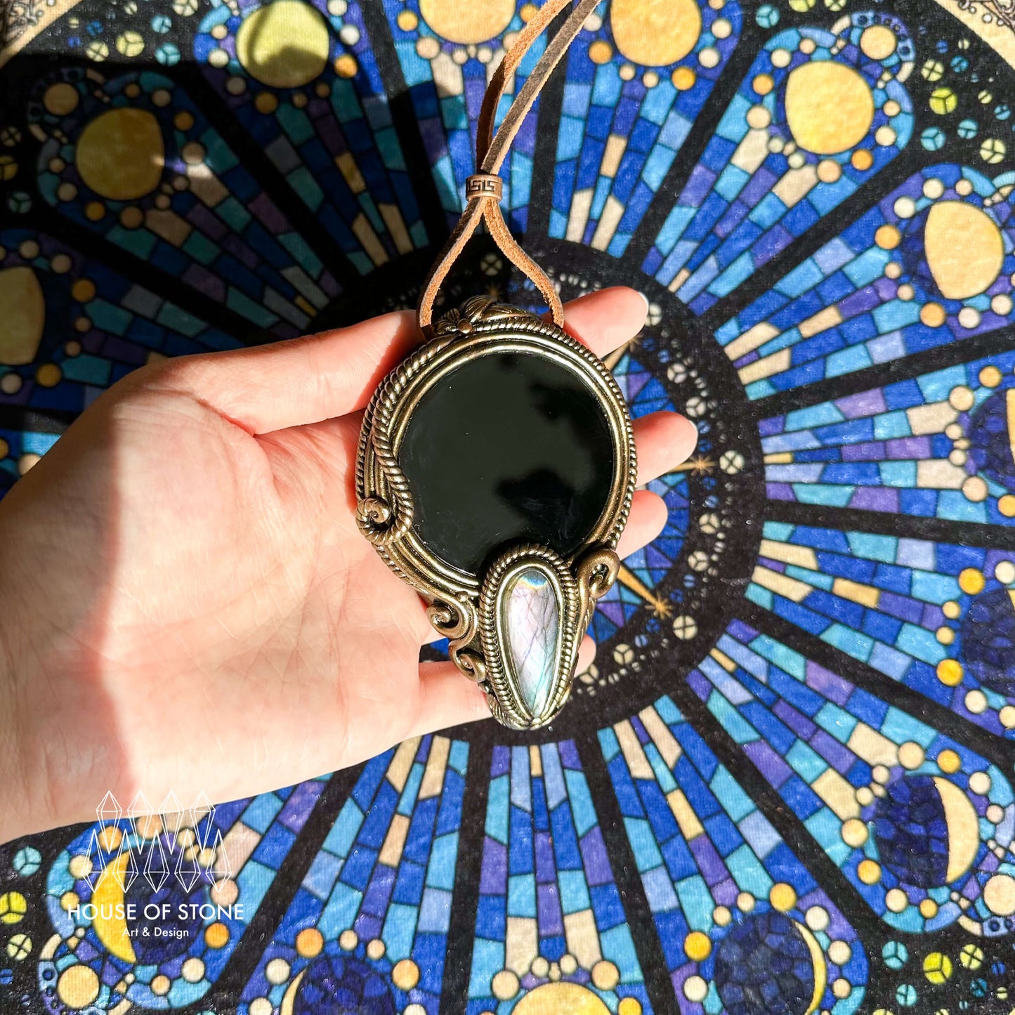 Natural Handmade Black Obsidian Pendant Necklace/Magic Obsidian Mirror Crystal Pendant/Scrying Mirror Labradorite Jewelry/Altar Tool