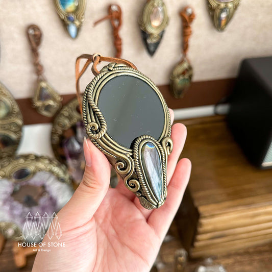 Natural Handmade Black Obsidian Pendant Necklace/Magic Obsidian Mirror Crystal Pendant/Scrying Mirror Labradorite Jewelry/Altar Tool
