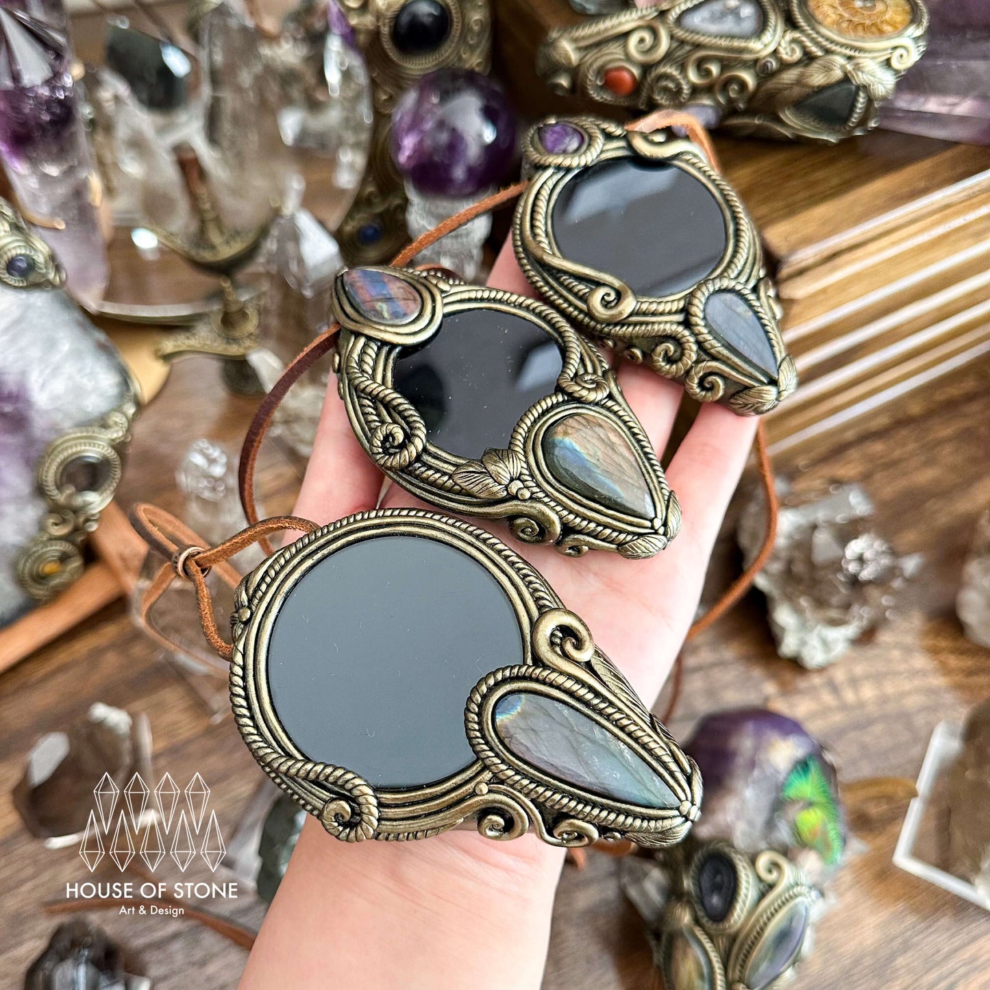 Natural Handmade Black Obsidian Pendant Necklace/Magic Obsidian Mirror Crystal Pendant/Scrying Mirror Labradorite Jewelry/Altar Tool