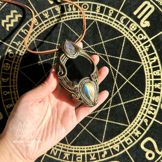 Natural Handmade Black Obsidian Pendant Necklace/Magic Obsidian Mirror Crystal Pendant/Scrying Mirror Labradorite Jewelry/Altar Tool