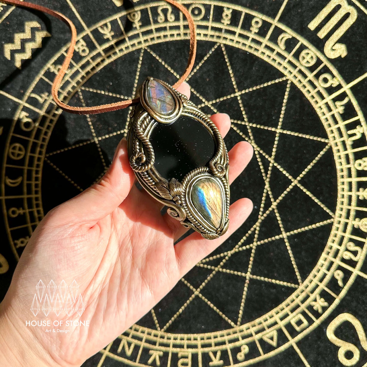 Natural Handmade Black Obsidian Pendant Necklace/Magic Obsidian Mirror Crystal Pendant/Scrying Mirror Labradorite Jewelry/Altar Tool