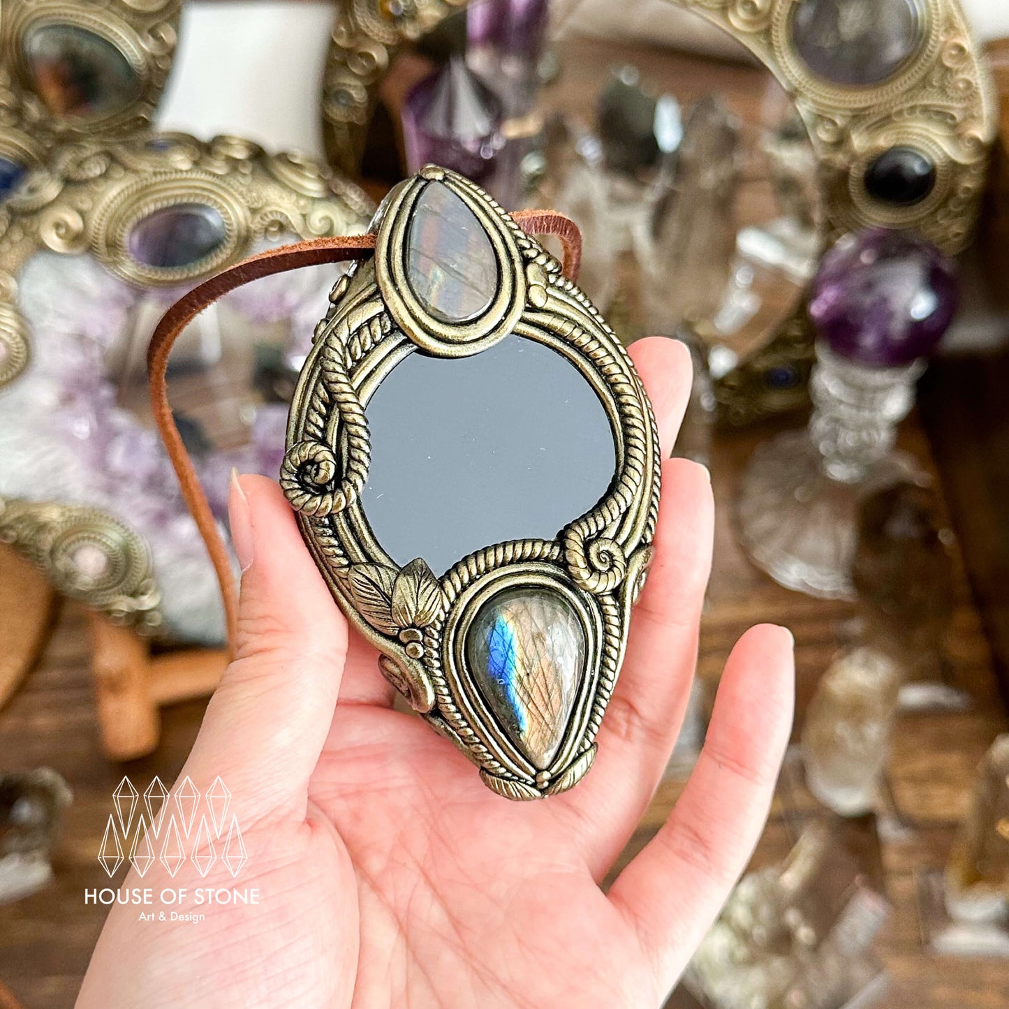 Natural Handmade Black Obsidian Pendant Necklace/Magic Obsidian Mirror Crystal Pendant/Scrying Mirror Labradorite Jewelry/Altar Tool