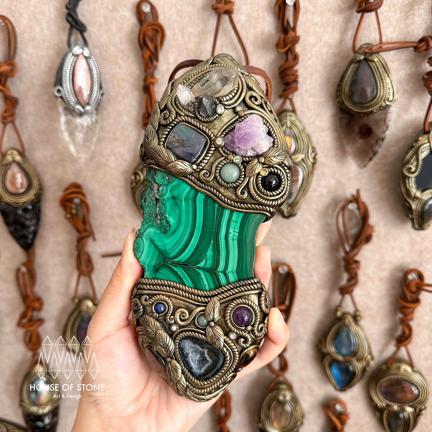 Handmade Natural Malachite Crystal Wall Hanging Decor/Spiritual Window Interior Room Hangings/Christmas Crystal Door Hanging