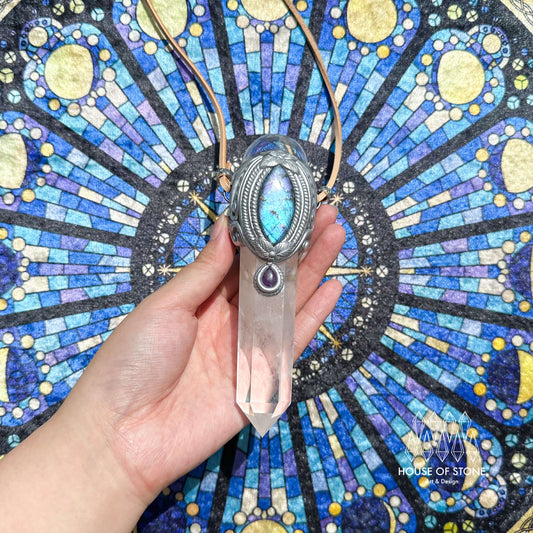 Natural Handmade Clear Quartz Pendant Necklace/Magic Quartz Crystal Double-sided Pendant/Labradorite Amethyst Jewelry/Chakra/Altar Tool