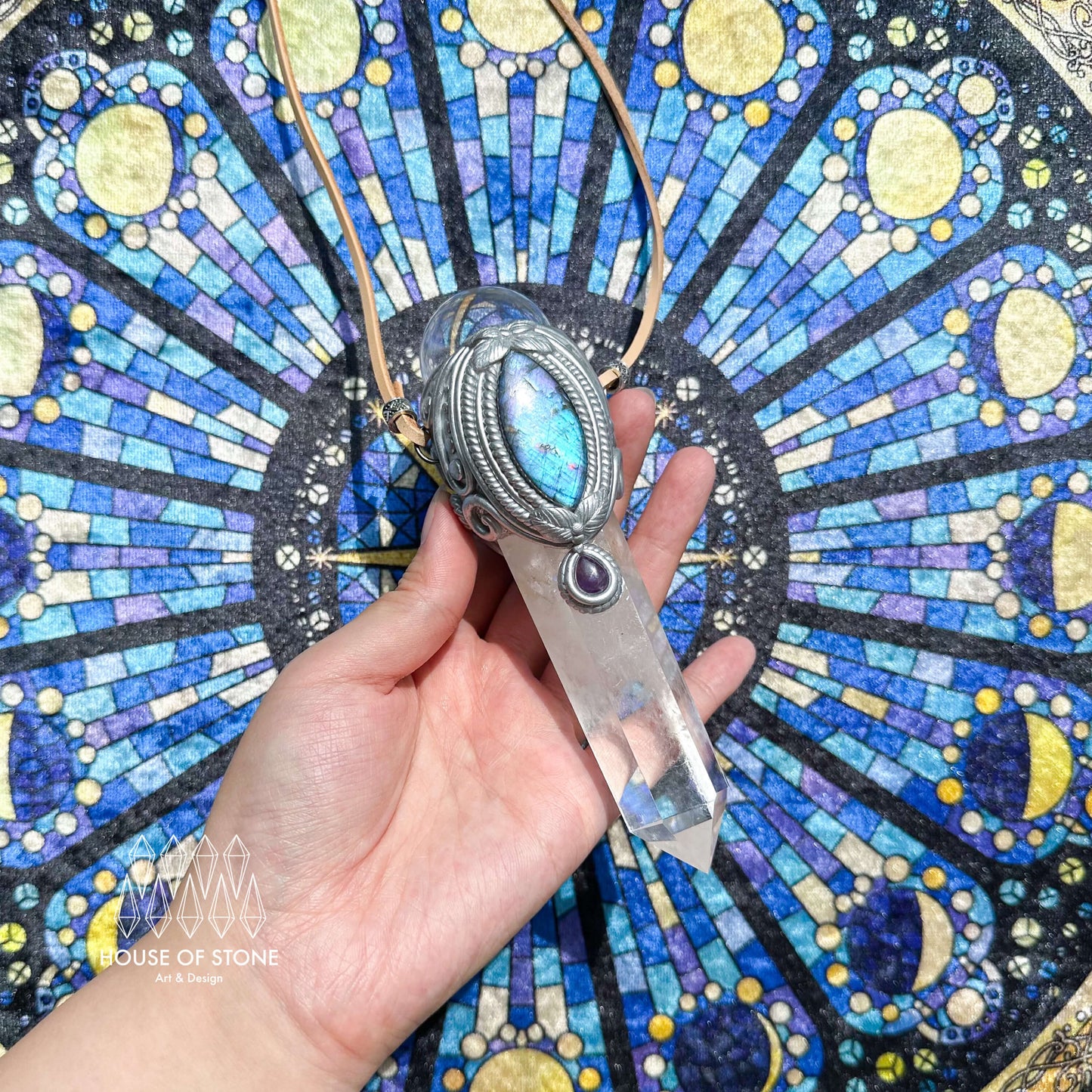 Natural Handmade Clear Quartz Pendant Necklace/Magic Quartz Crystal Double-sided Pendant/Labradorite Amethyst Jewelry/Chakra/Altar Tool