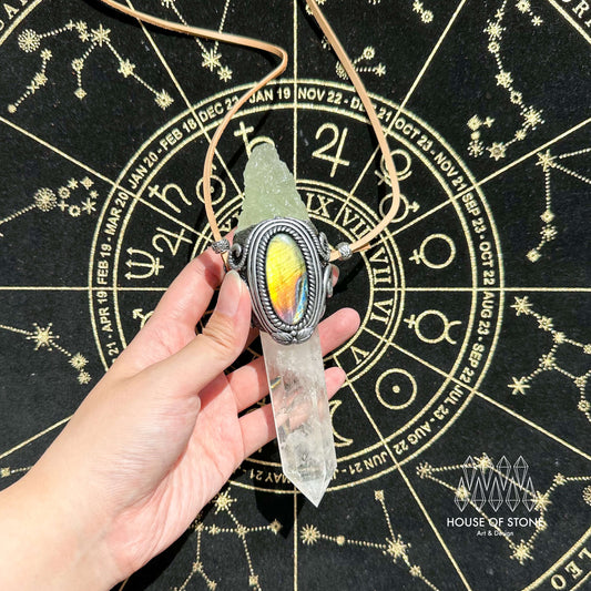 Natural Handmade Clear Quartz Pendant Necklace/Magic Fluorite Crystal Double-sided Pendant/Labradorite Amethyst Jewelry/Chakra/Altar Tool