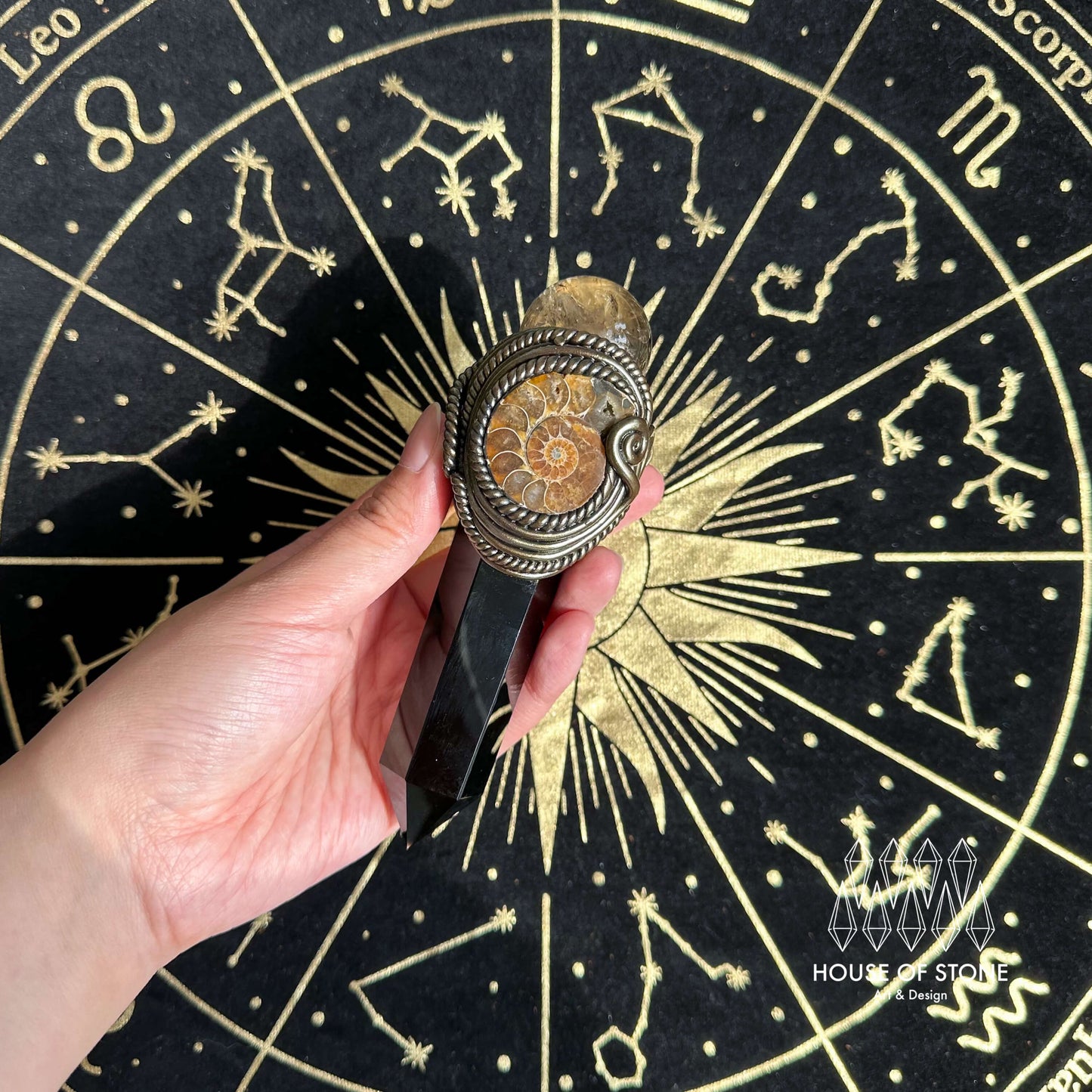 Handmade Natural Smoky Quartz Pendant Necklace/Magic Crystal Black Obsidian Pendant/Ammonite Necklace/Root Chakra/Manifest Altar Tool