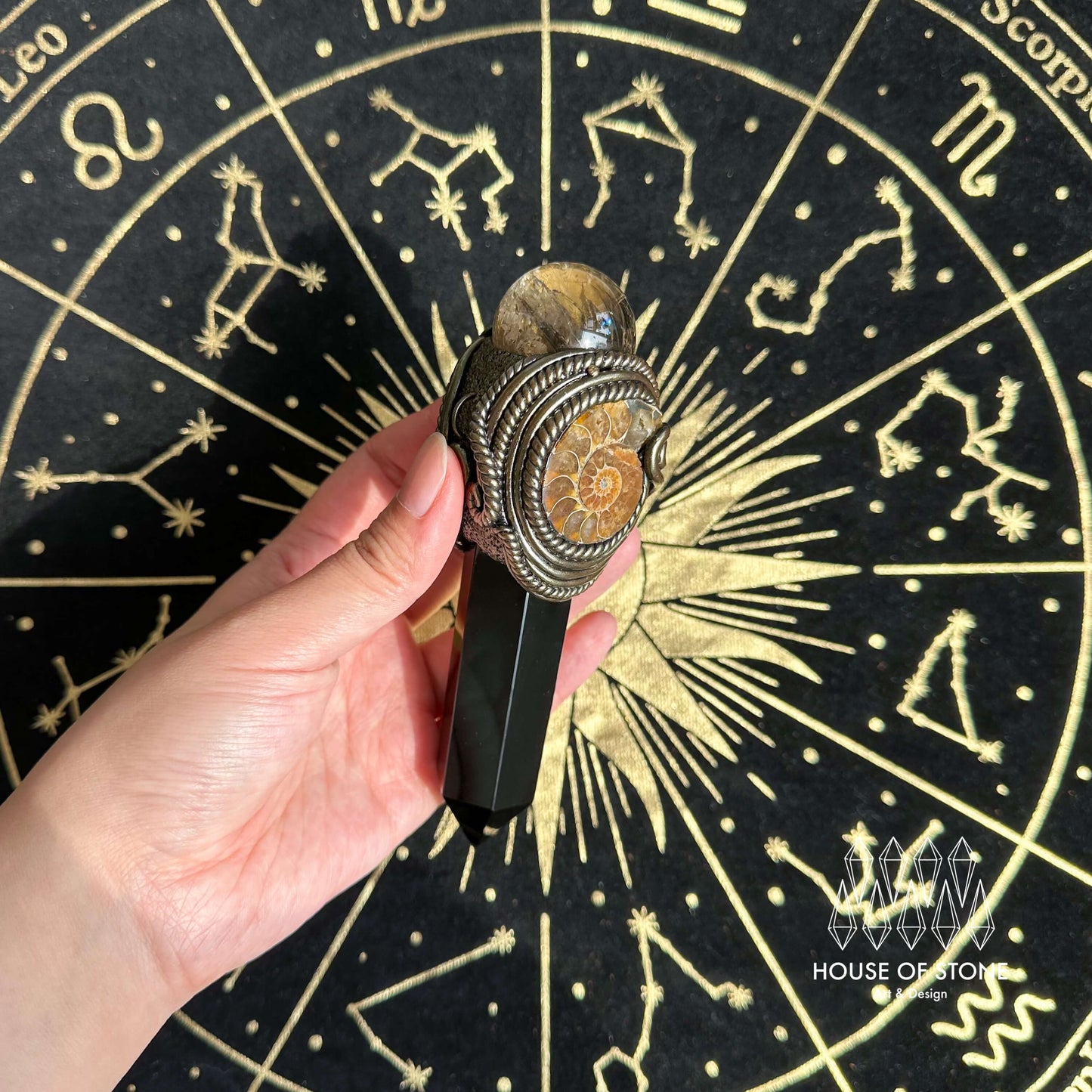 Handmade Natural Smoky Quartz Pendant Necklace/Magic Crystal Black Obsidian Pendant/Ammonite Necklace/Root Chakra/Manifest Altar Tool